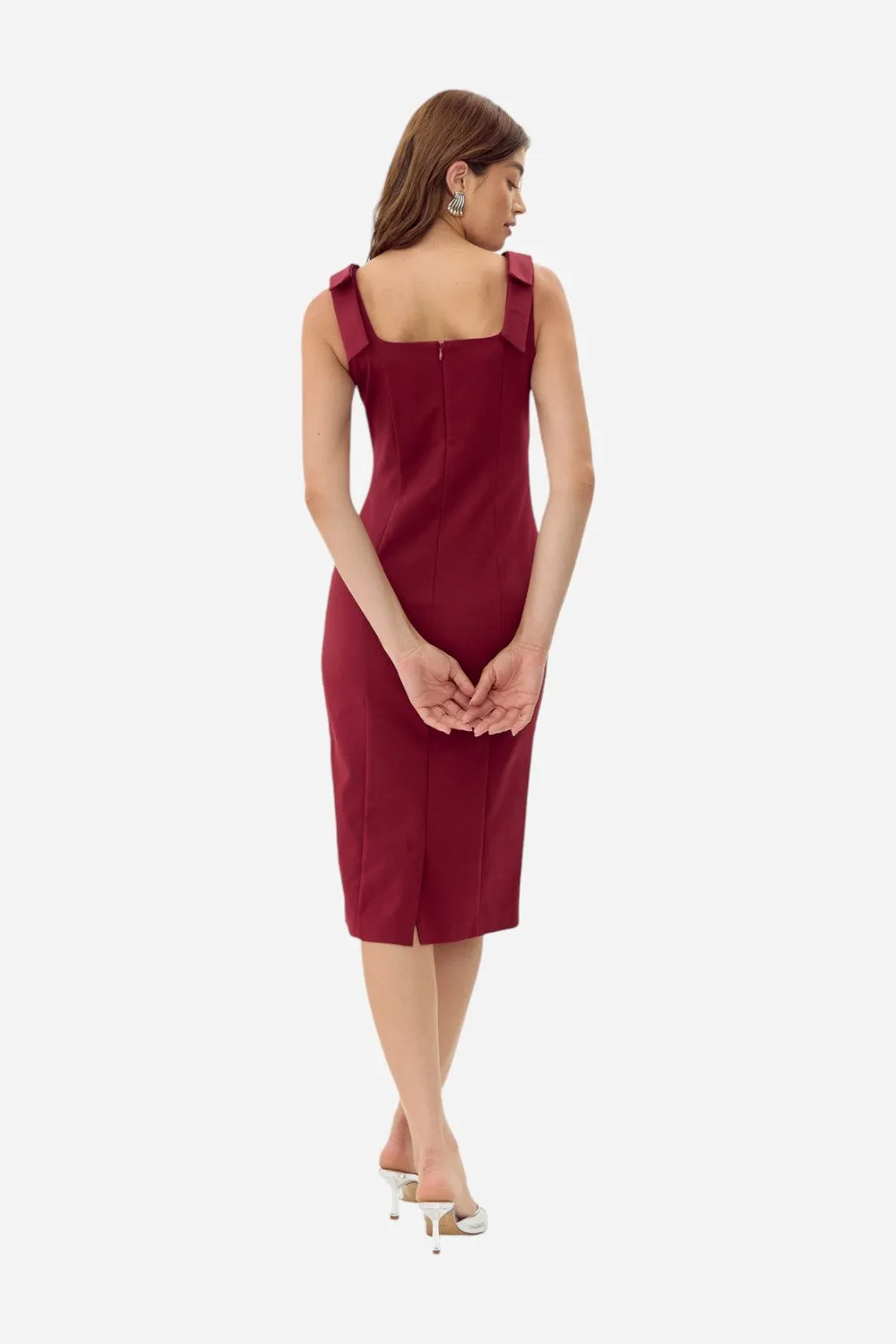 Adelyn Rae Karissa Shoulder Tie Crepe Midi Dress in Cranberry