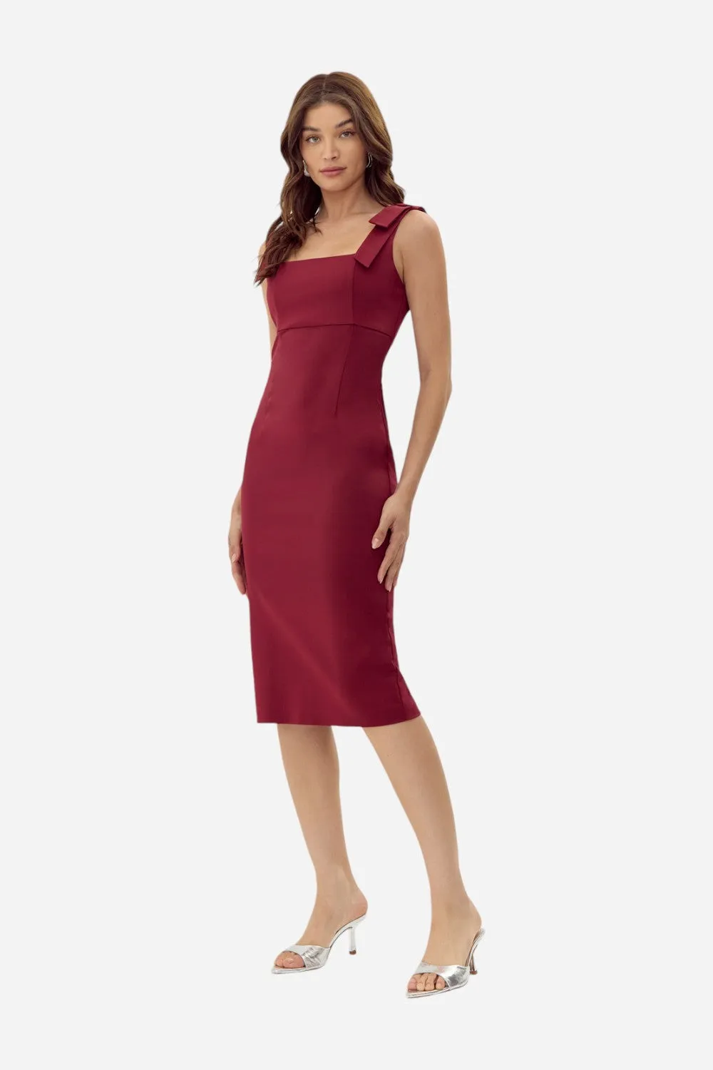 Adelyn Rae Karissa Shoulder Tie Crepe Midi Dress in Cranberry