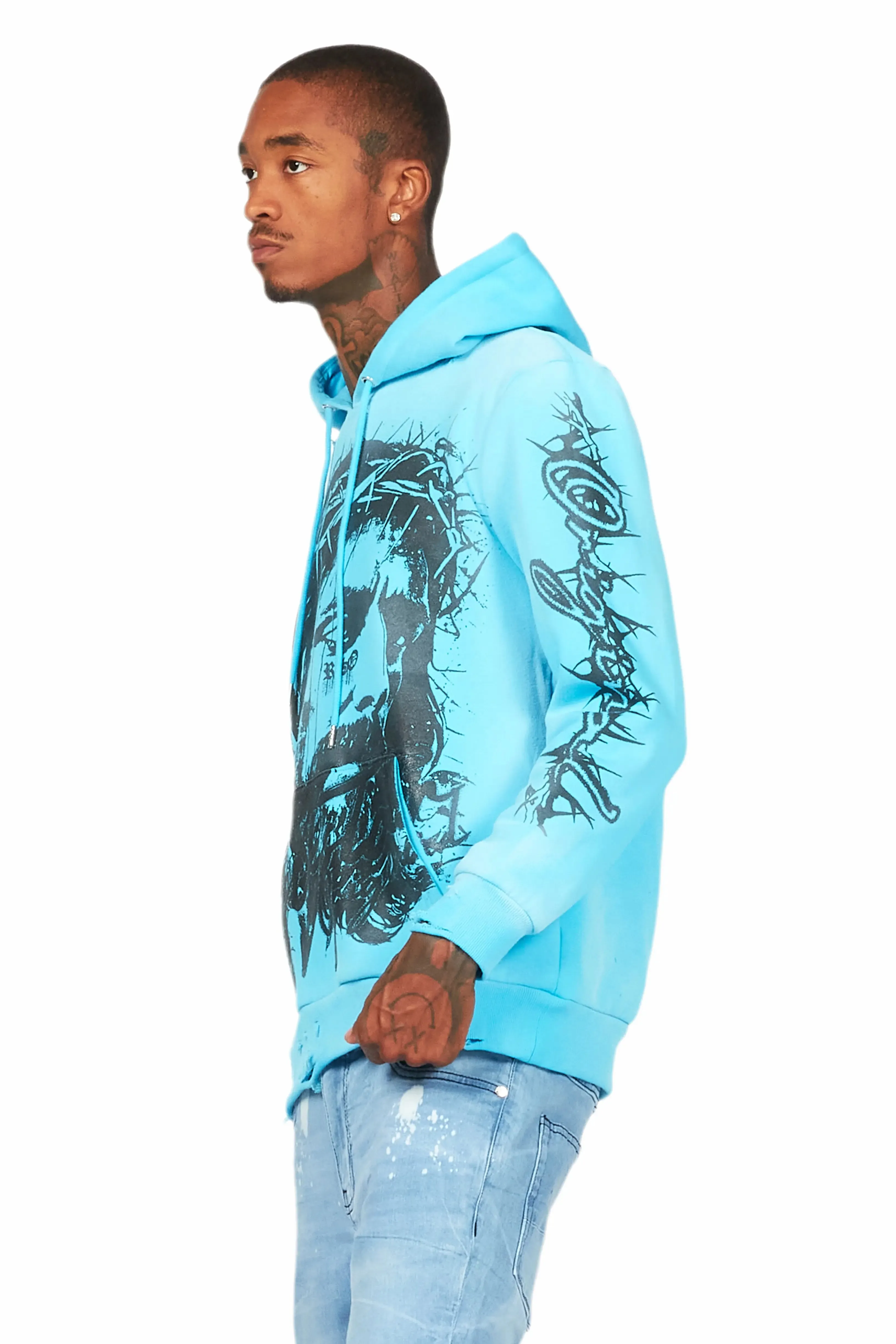 Bedros Blue Graphic Distressed Hoodie