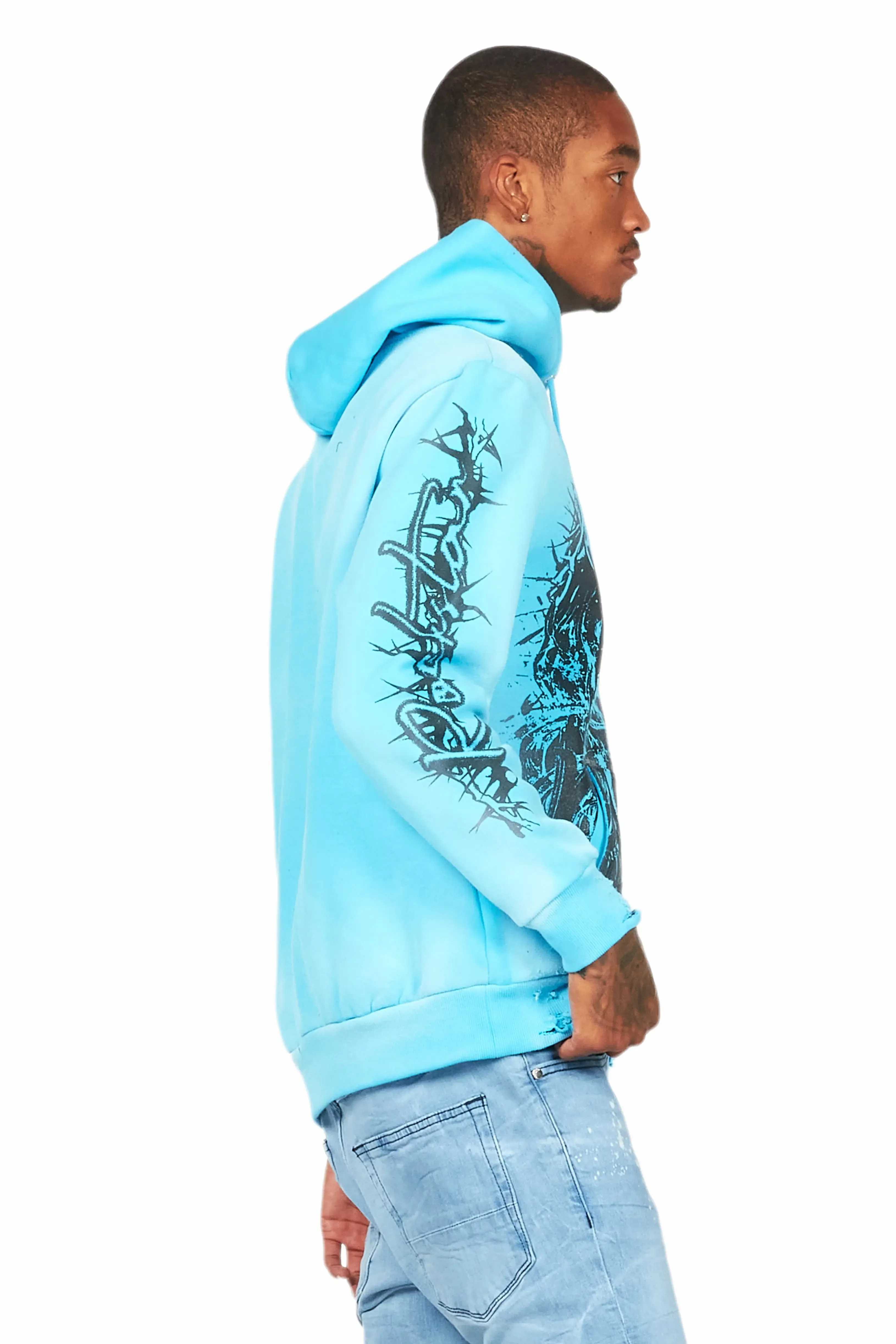 Bedros Blue Graphic Distressed Hoodie