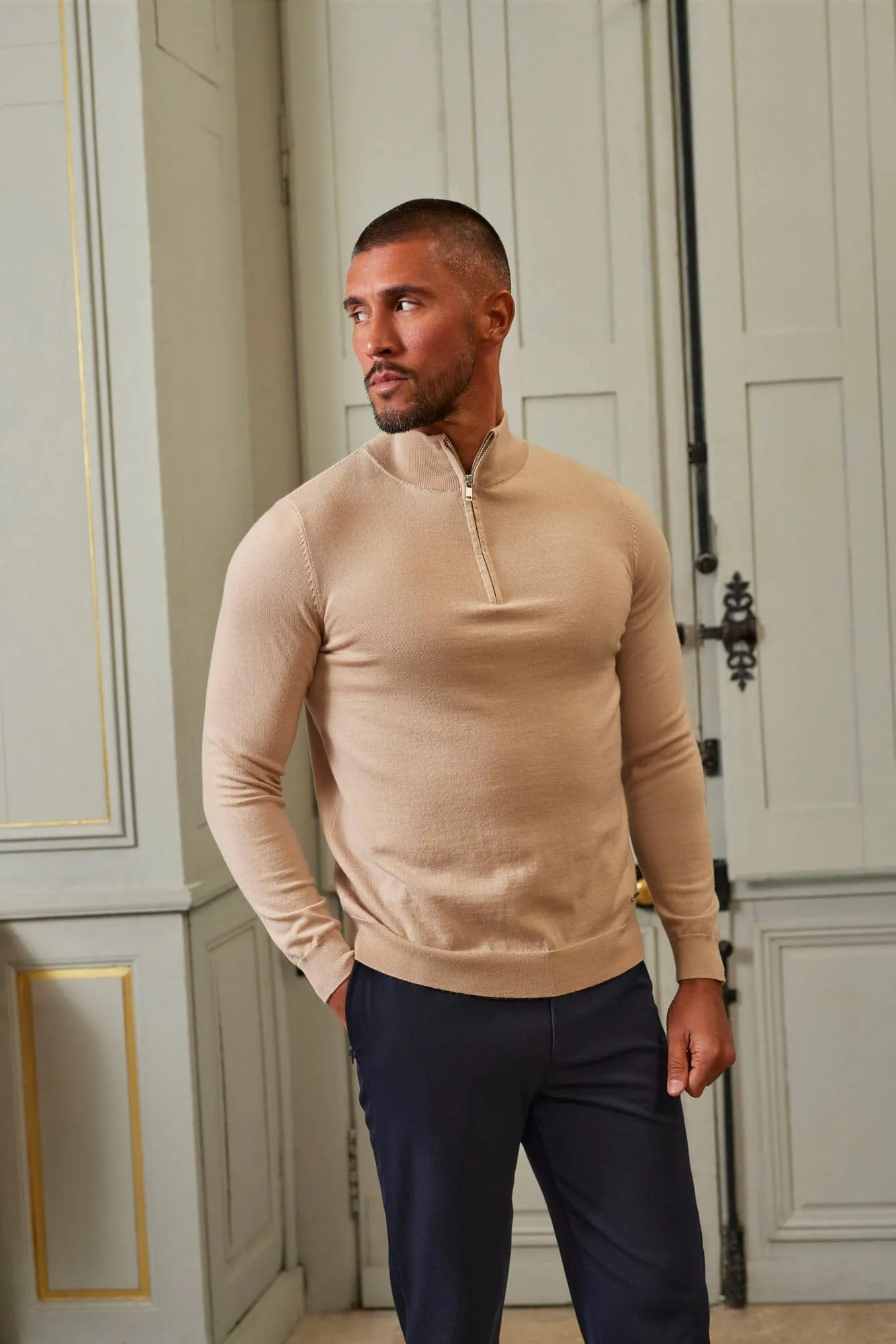 Beige 1/4 Zip Funnel Neck Knit