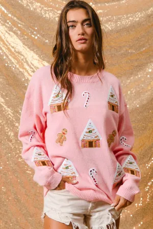 BiBi Solid Color Knit Sweater with Christmas Theme Patches in Light Pink