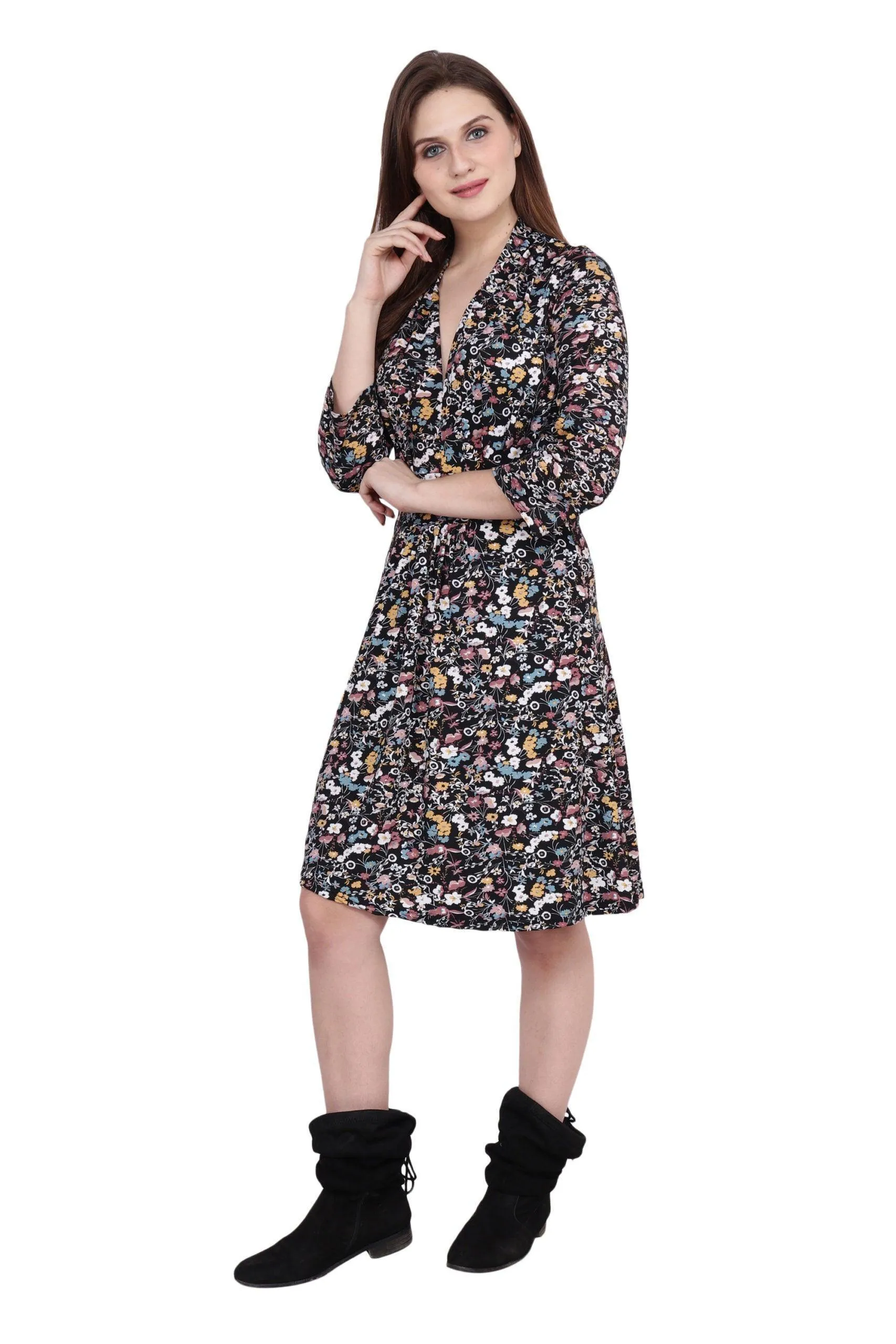 Black Multicolor Floral Printed Knitted Dress