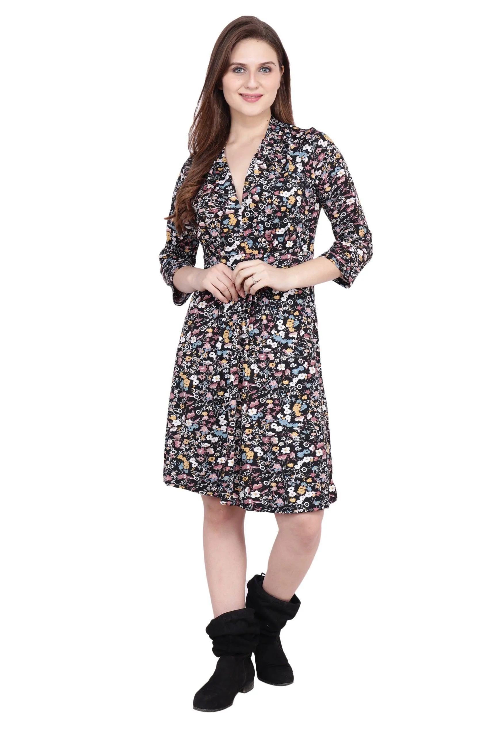 Black Multicolor Floral Printed Knitted Dress