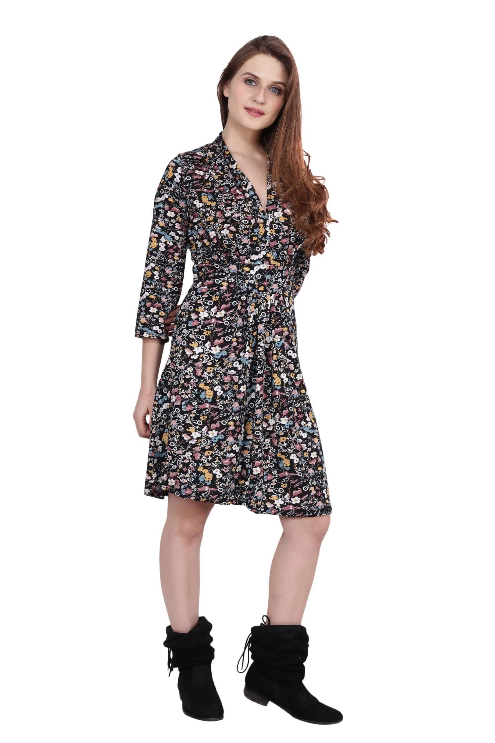 Black Multicolor Floral Printed Knitted Dress