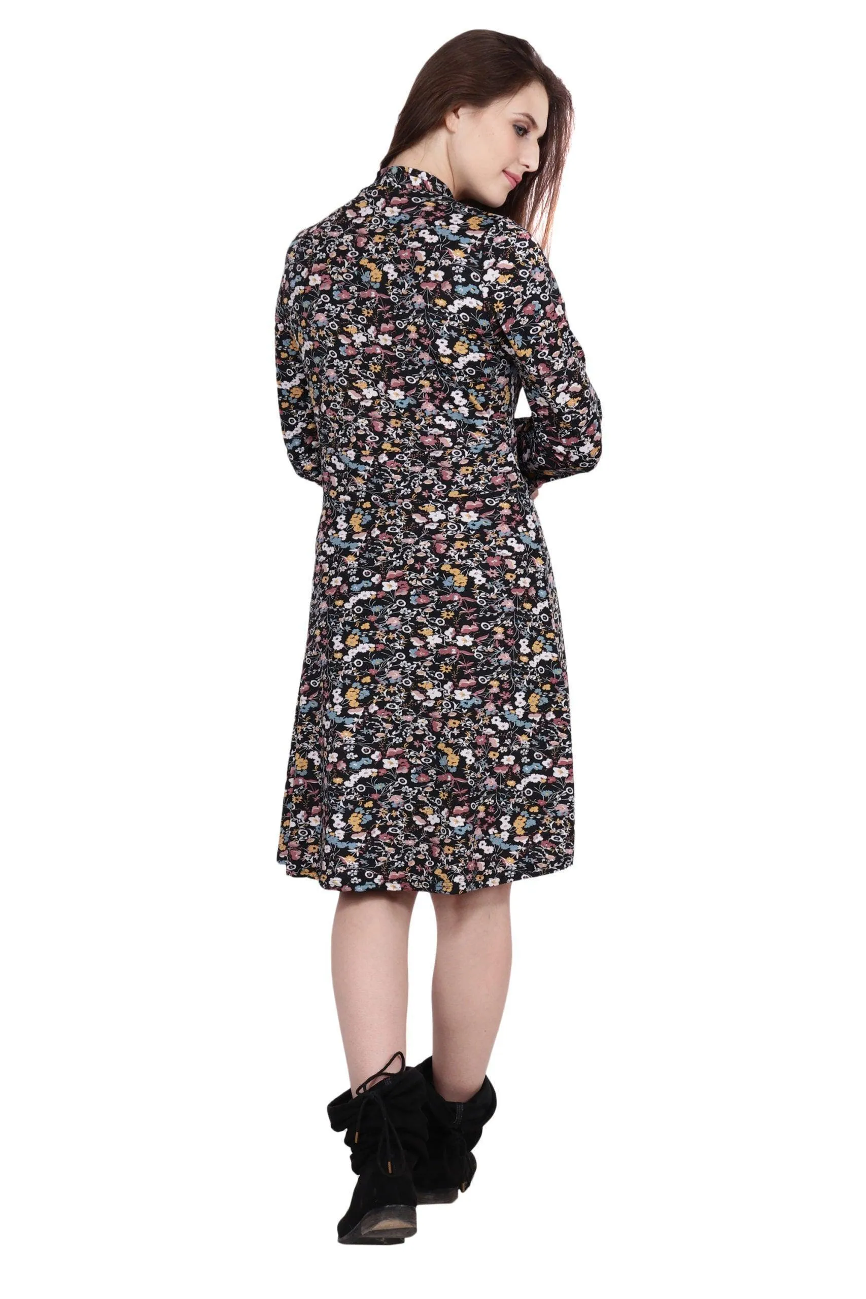 Black Multicolor Floral Printed Knitted Dress