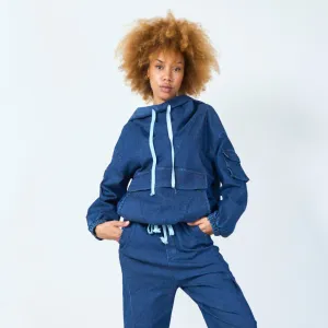 Casual denim hoodie with cargo pockets wholesale