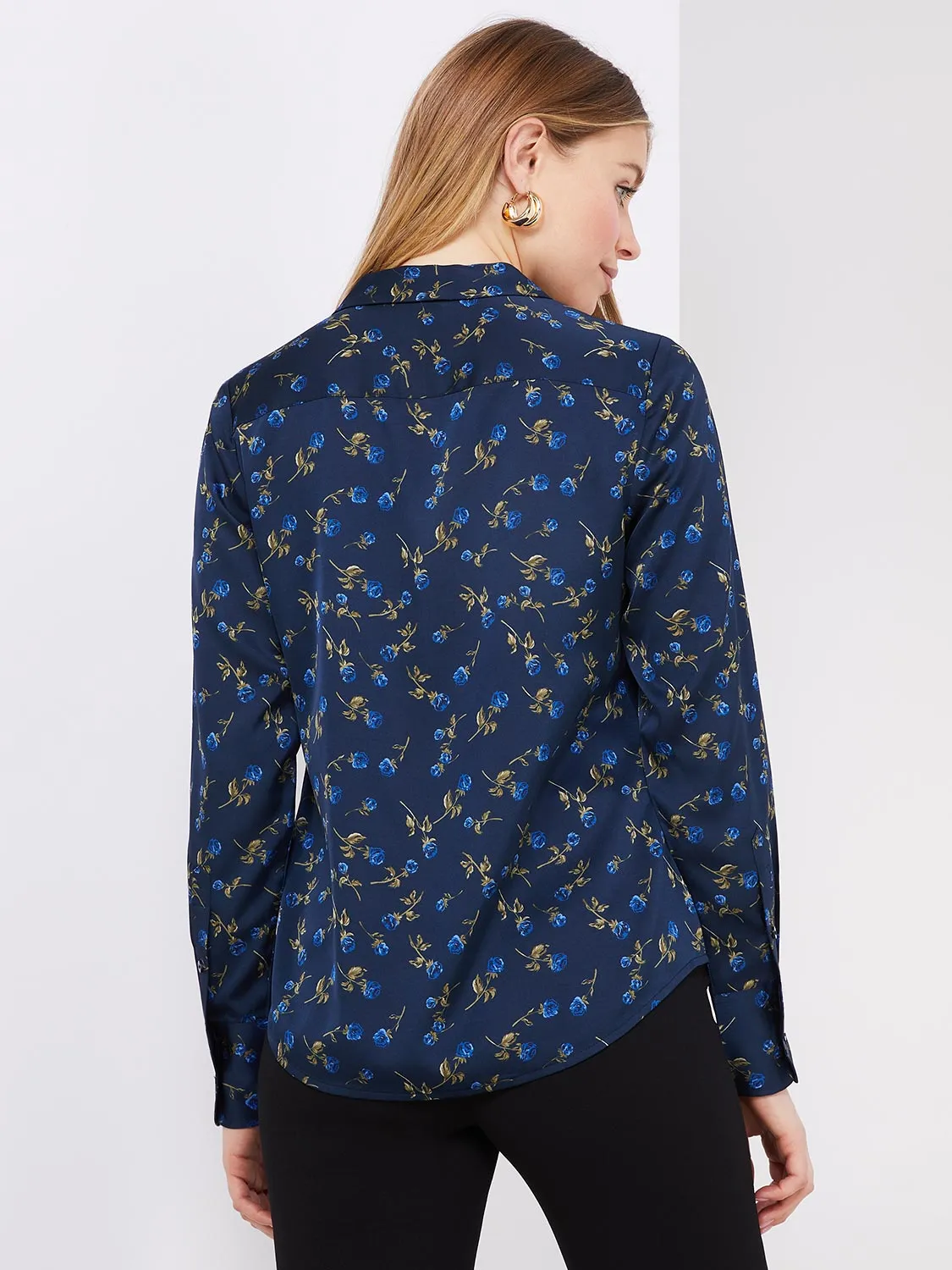 Floral Print Satin Split Neck Button-Front Blouse