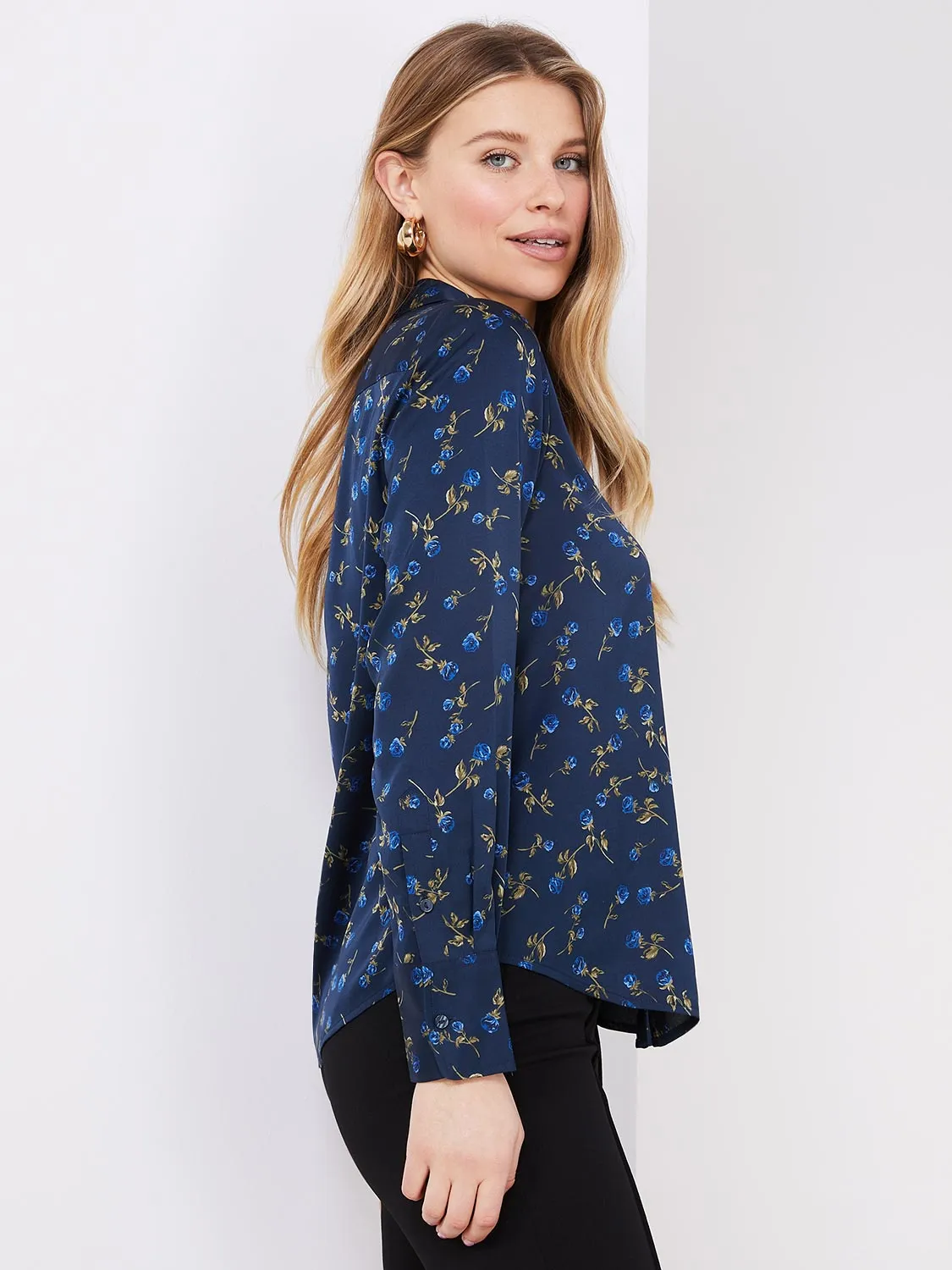 Floral Print Satin Split Neck Button-Front Blouse