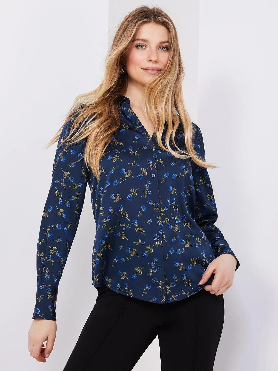 Floral Print Satin Split Neck Button-Front Blouse