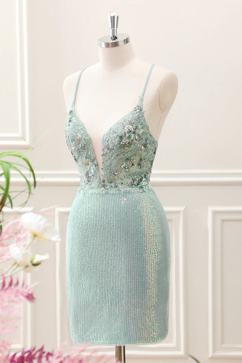 Glitter Dusty Green Tight Sequins V Neck Mini Dress