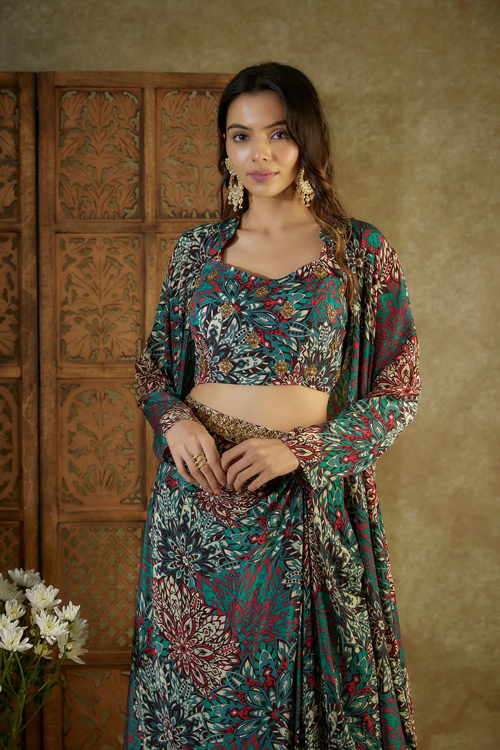 Green Printed Choli, Draped Skirts And Jacket Set