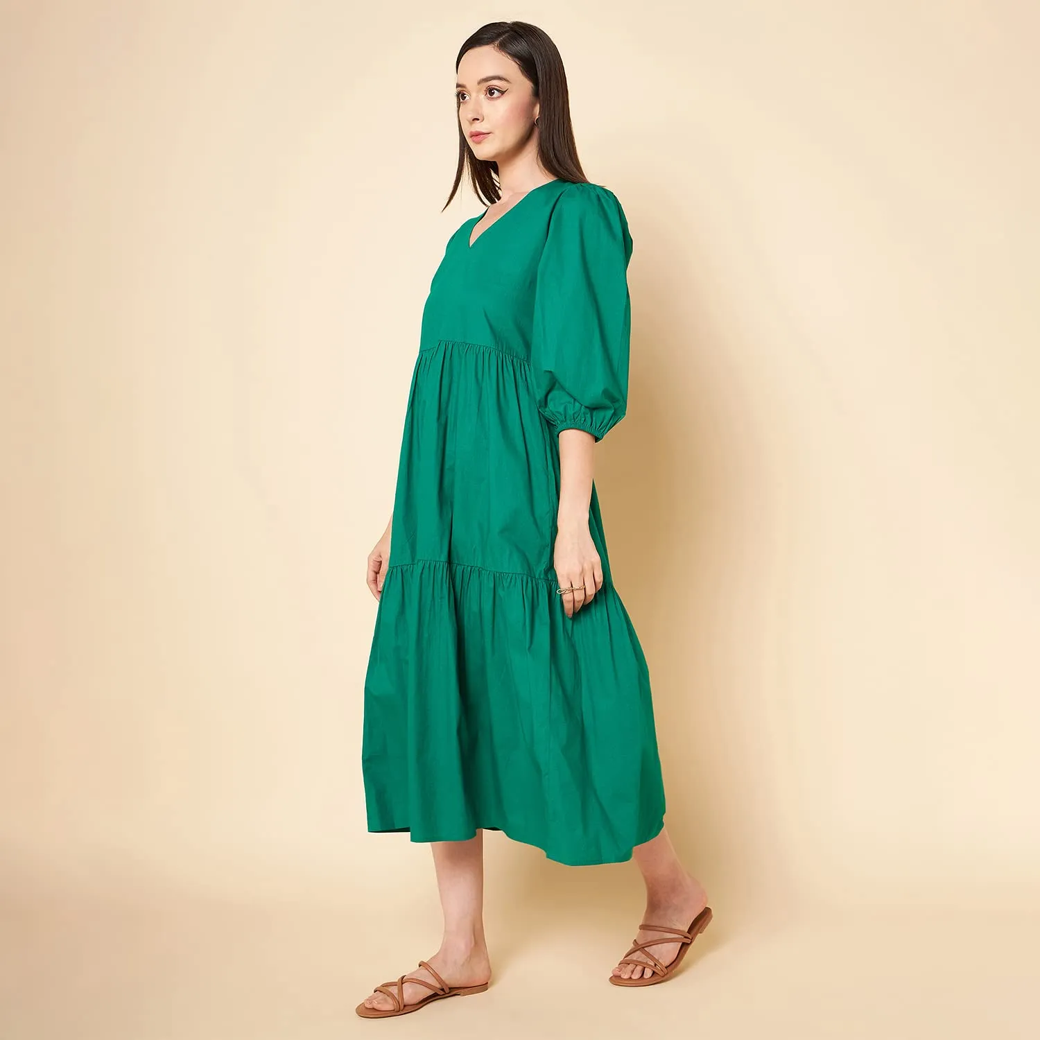 High Star Cotton Pleated Maxi Women Dress (HSWDRS23005_GN_Green