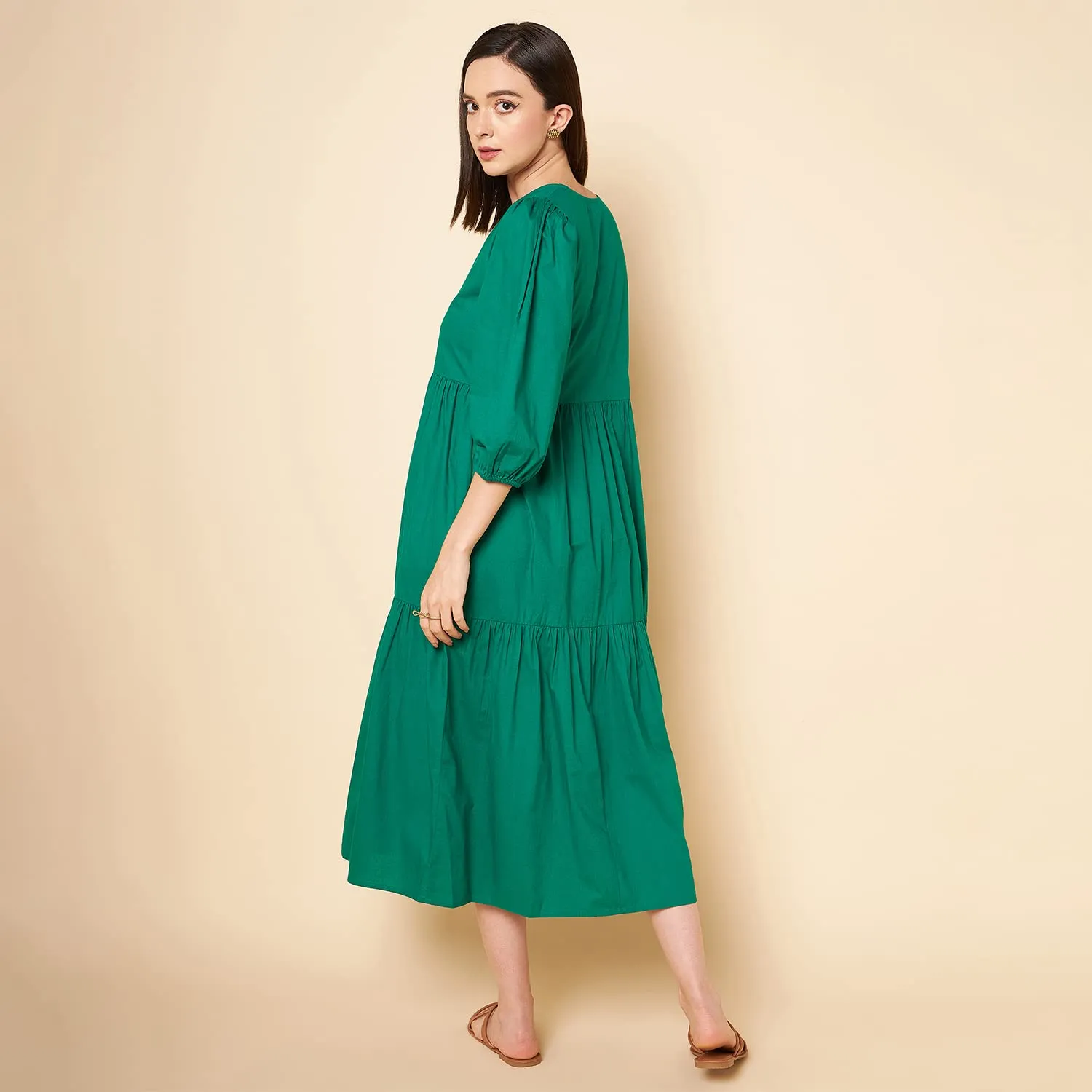 High Star Cotton Pleated Maxi Women Dress (HSWDRS23005_GN_Green