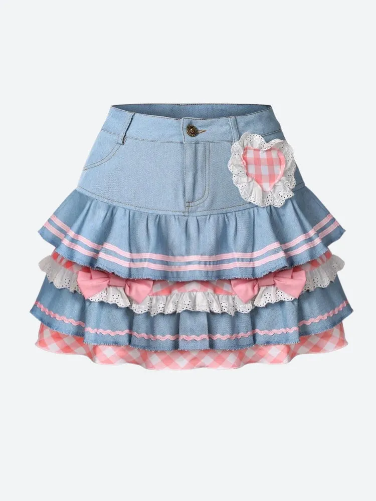 Kawaii Layered Denim Mini Skirt