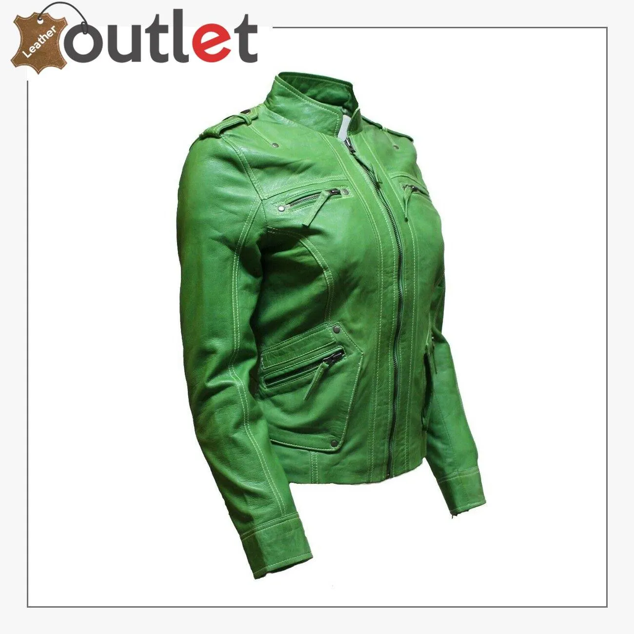 Ladies Classic Apple Green Nappa Leather Multi Pocket Fitted Rock Biker Jacket