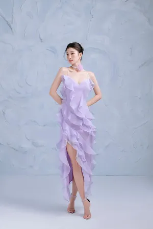 Lavender Asymmetric Ruffle Layer Organza Midi Dress