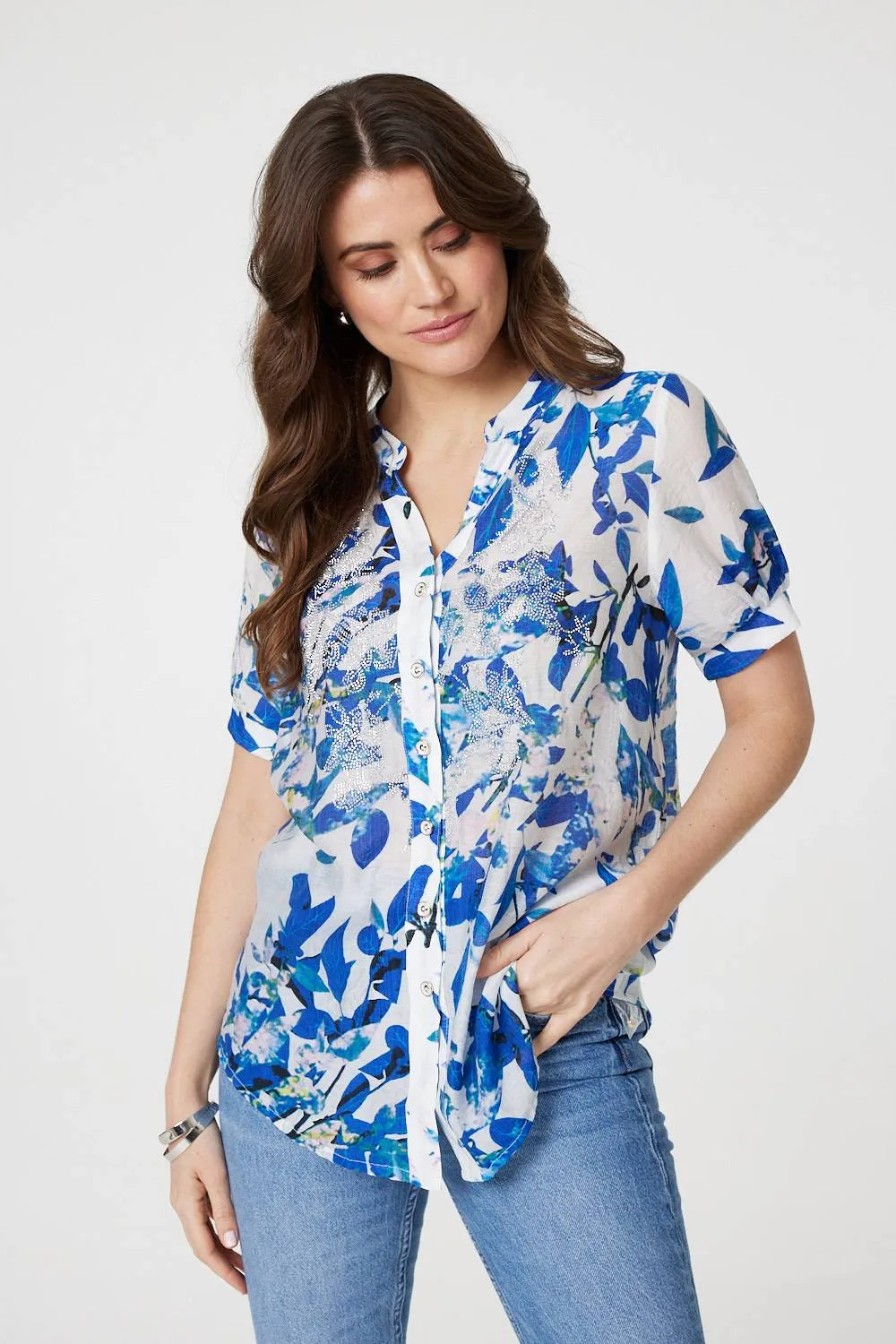 Leaf Print Short Puff Sleeve Shirt