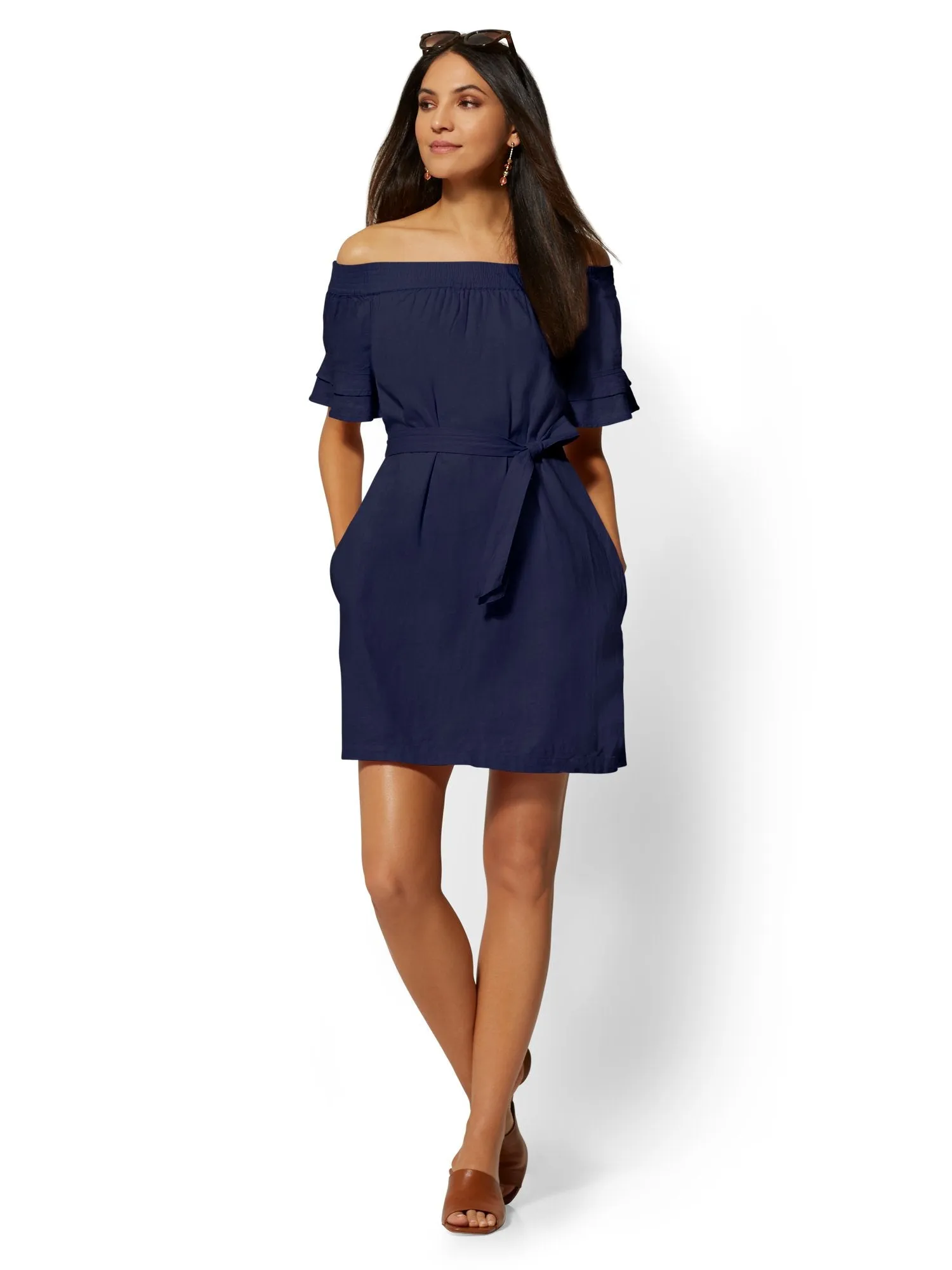 Linen Off-The-Shoulder Shift Dress