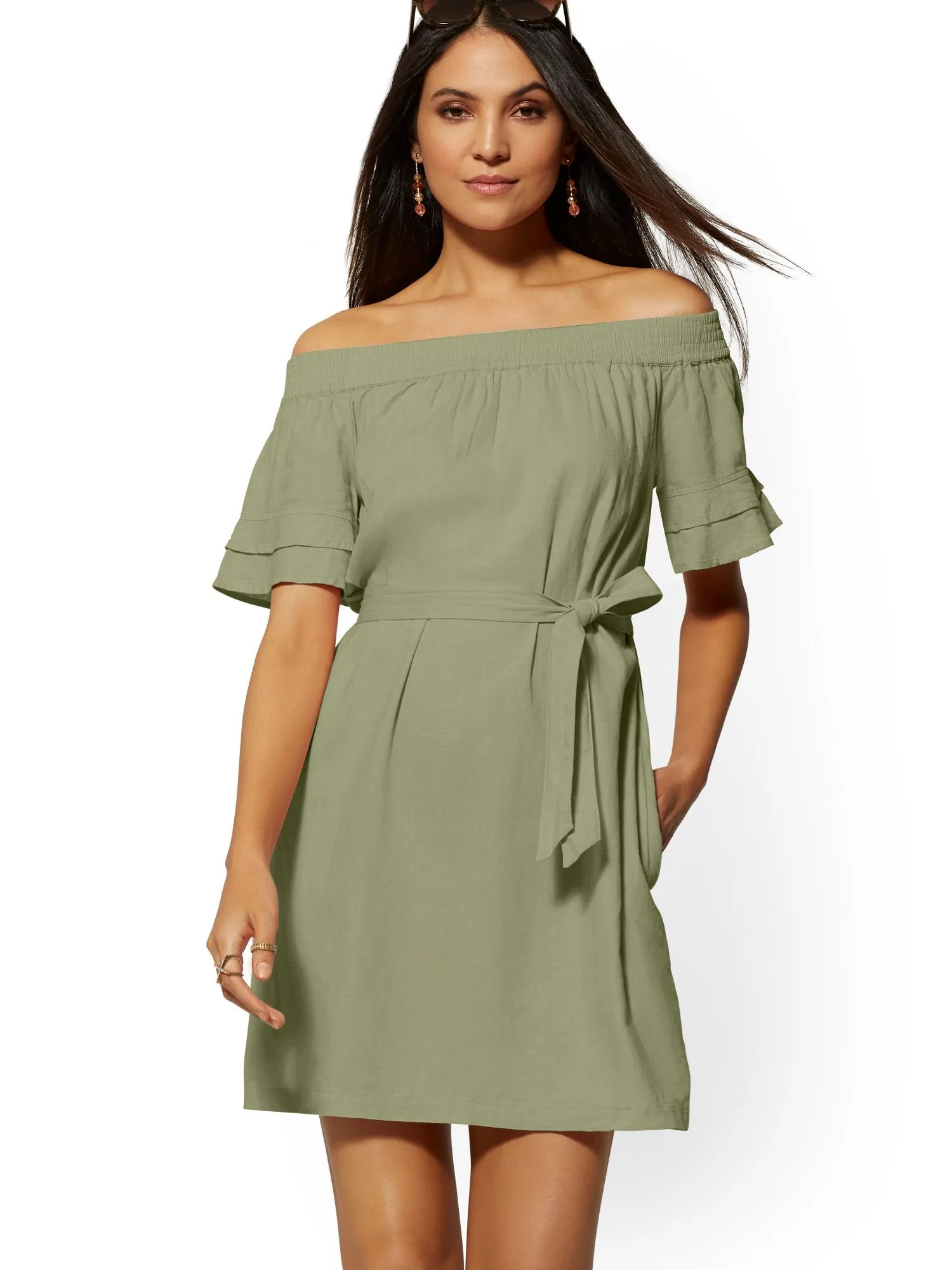 Linen Off-The-Shoulder Shift Dress