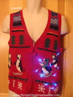 Need to Buy Christmas Sweaters? Light Up Sweater Vest Skiing Penguins