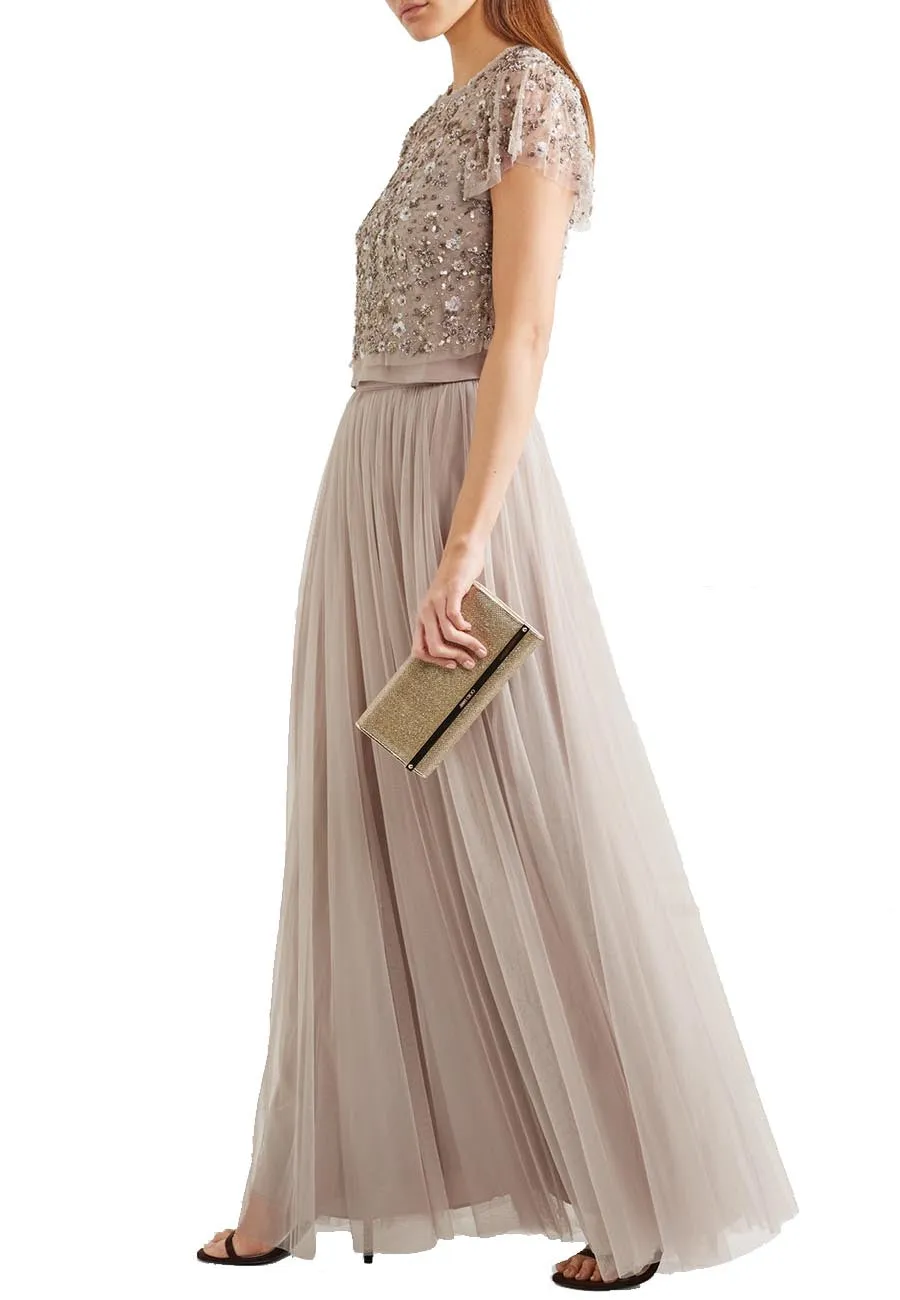 Nude Comet Embellished Tulle Cropped Top and Skirt