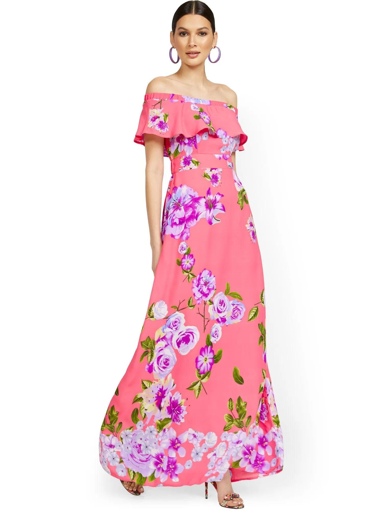 Petite Floral-Print Off-the-Shoulder Ruffle-Top Maxi Dress