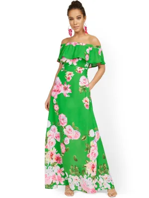 Petite Floral-Print Off-the-Shoulder Ruffle-Top Maxi Dress