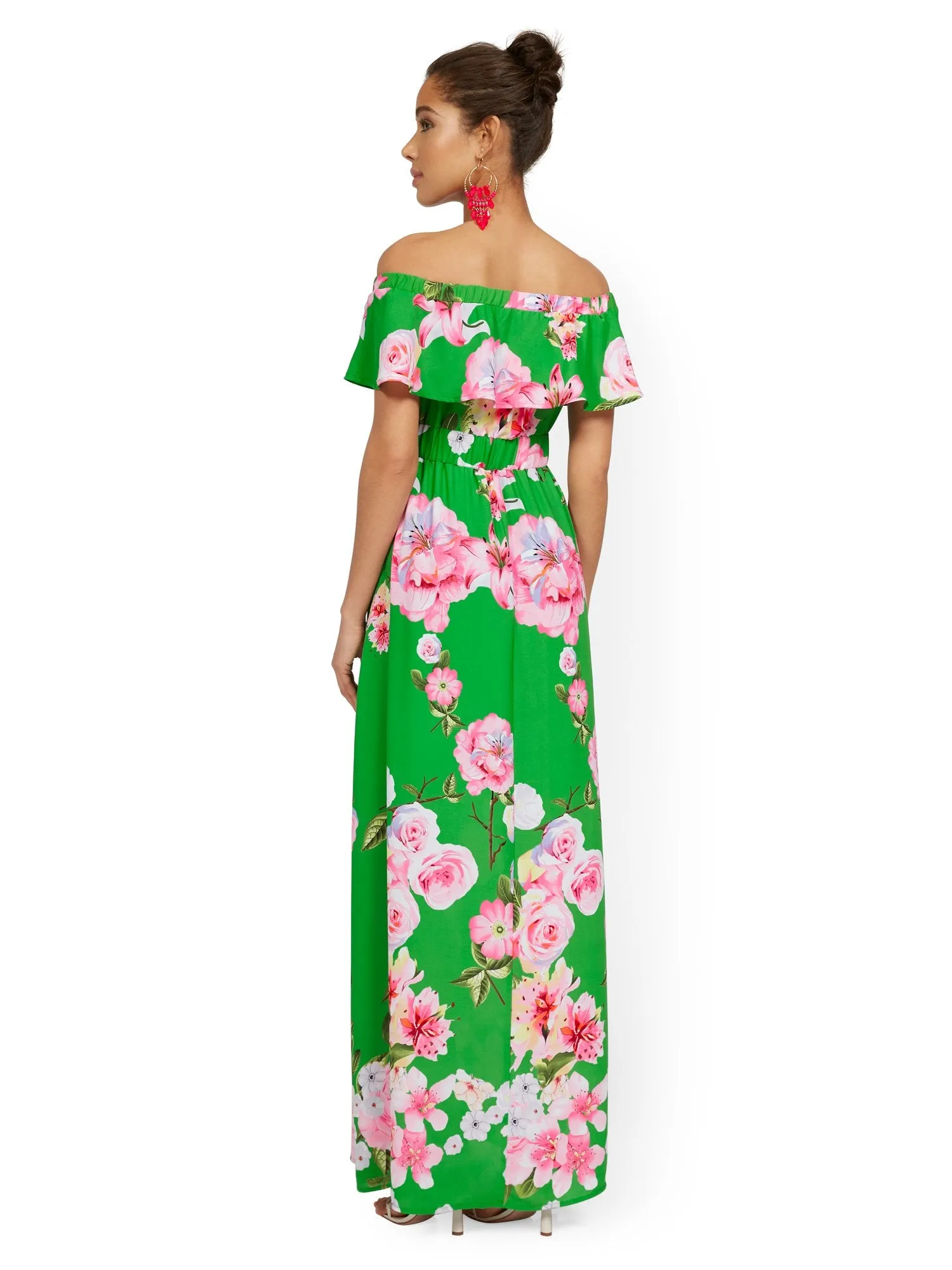 Petite Floral-Print Off-the-Shoulder Ruffle-Top Maxi Dress