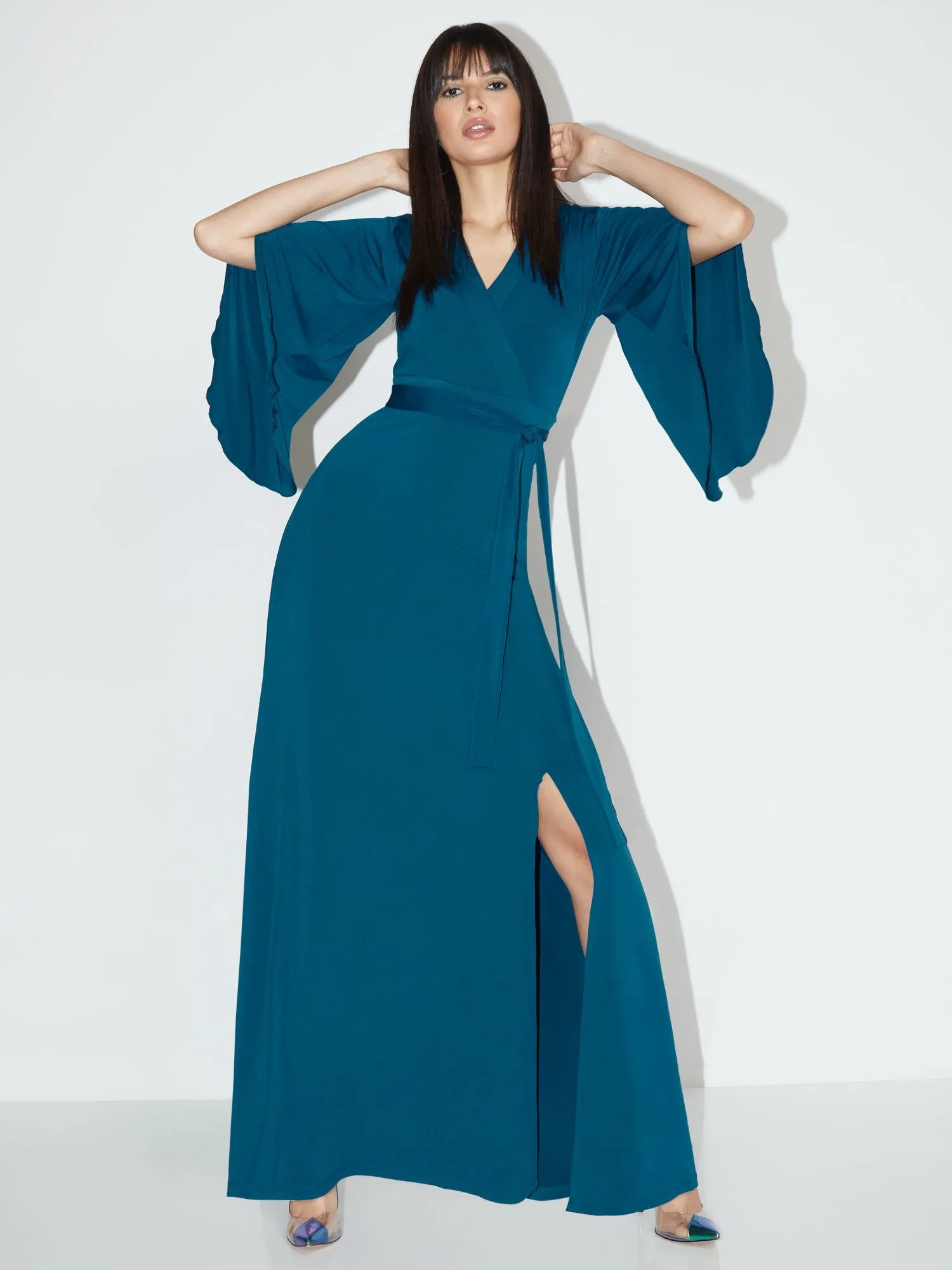 Petite V-Neck Bell-Sleeve Kimono Maxi Dress - NY&C Style System