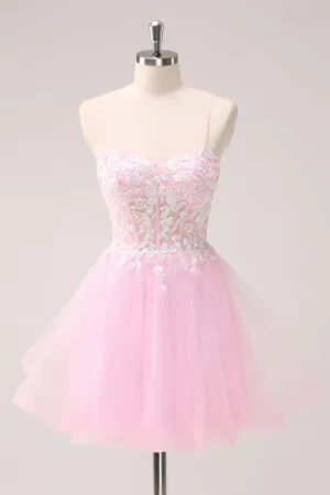 Pink A Line Spaghetti Straps Tulle Corset Mini Dress with Appliques