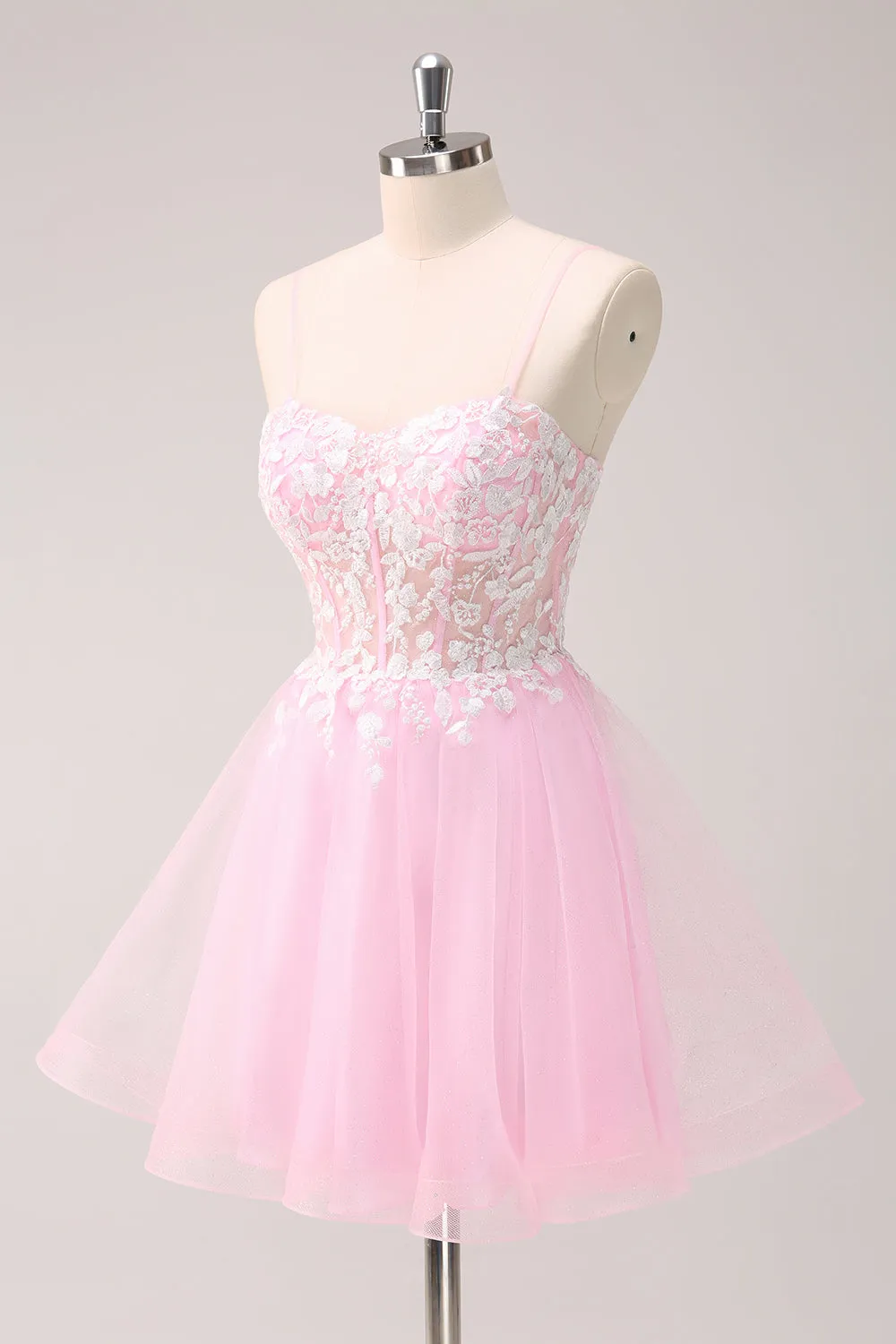 Pink A Line Spaghetti Straps Tulle Corset Mini Dress with Appliques