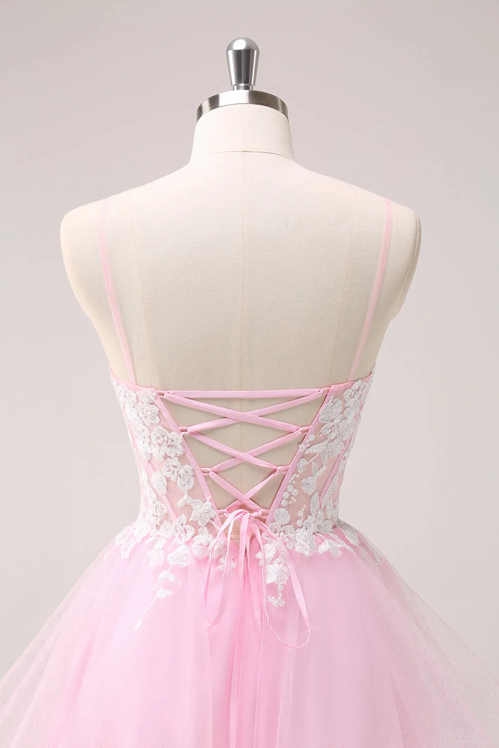 Pink A Line Spaghetti Straps Tulle Corset Mini Dress with Appliques