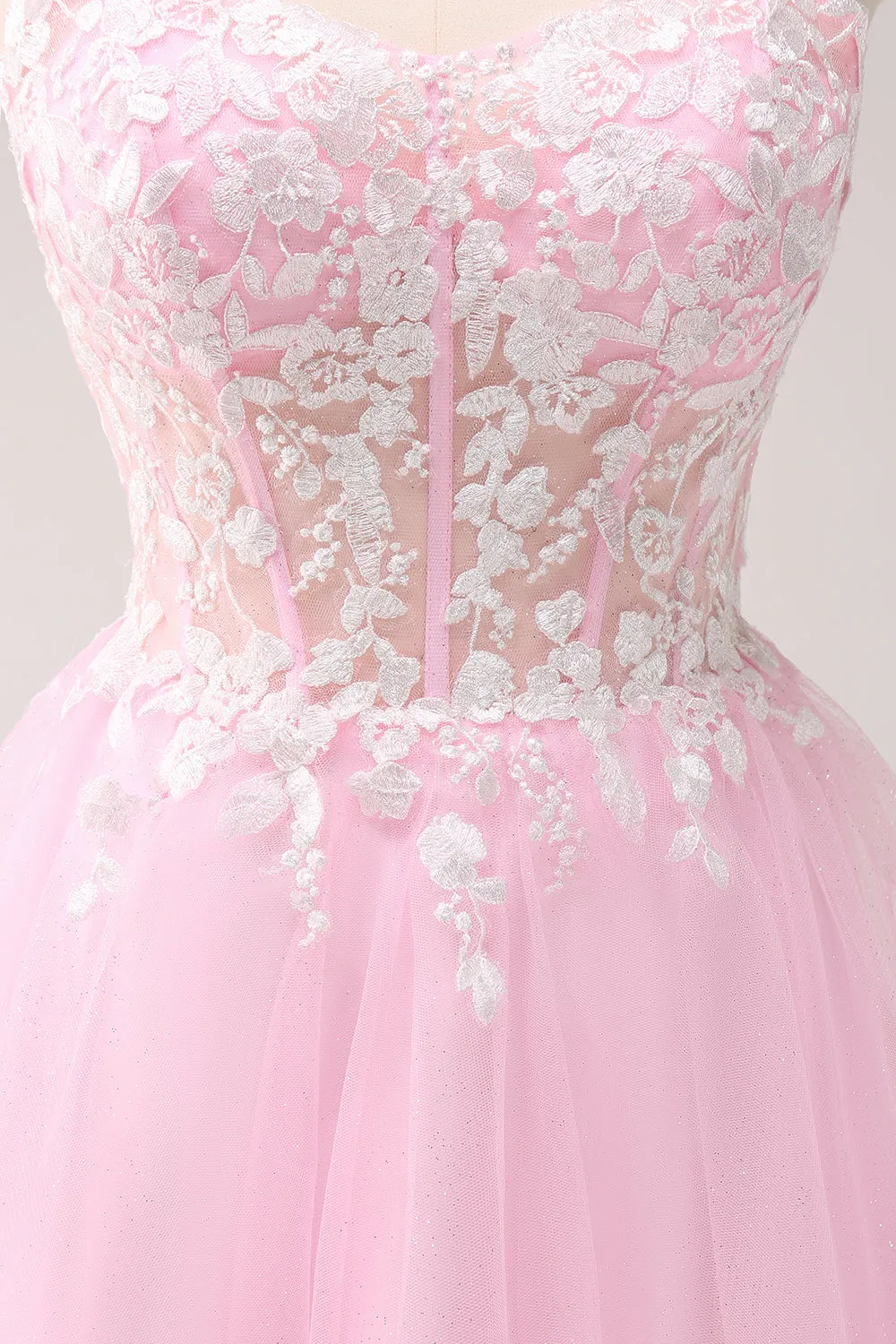 Pink A Line Spaghetti Straps Tulle Corset Mini Dress with Appliques