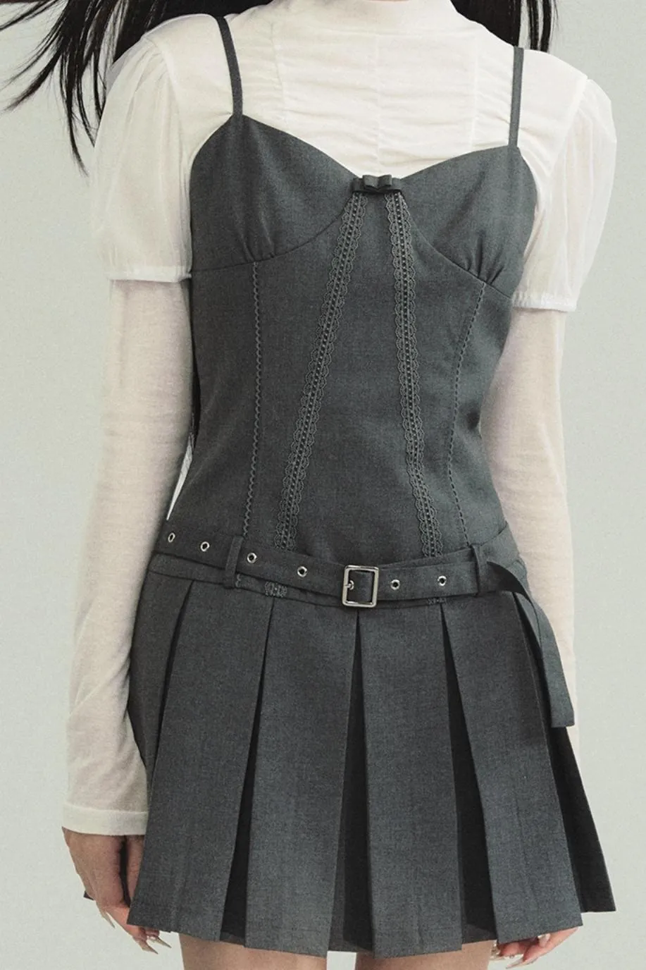 Professional Chic Grey Blazer and Pleated Mini Dress Set