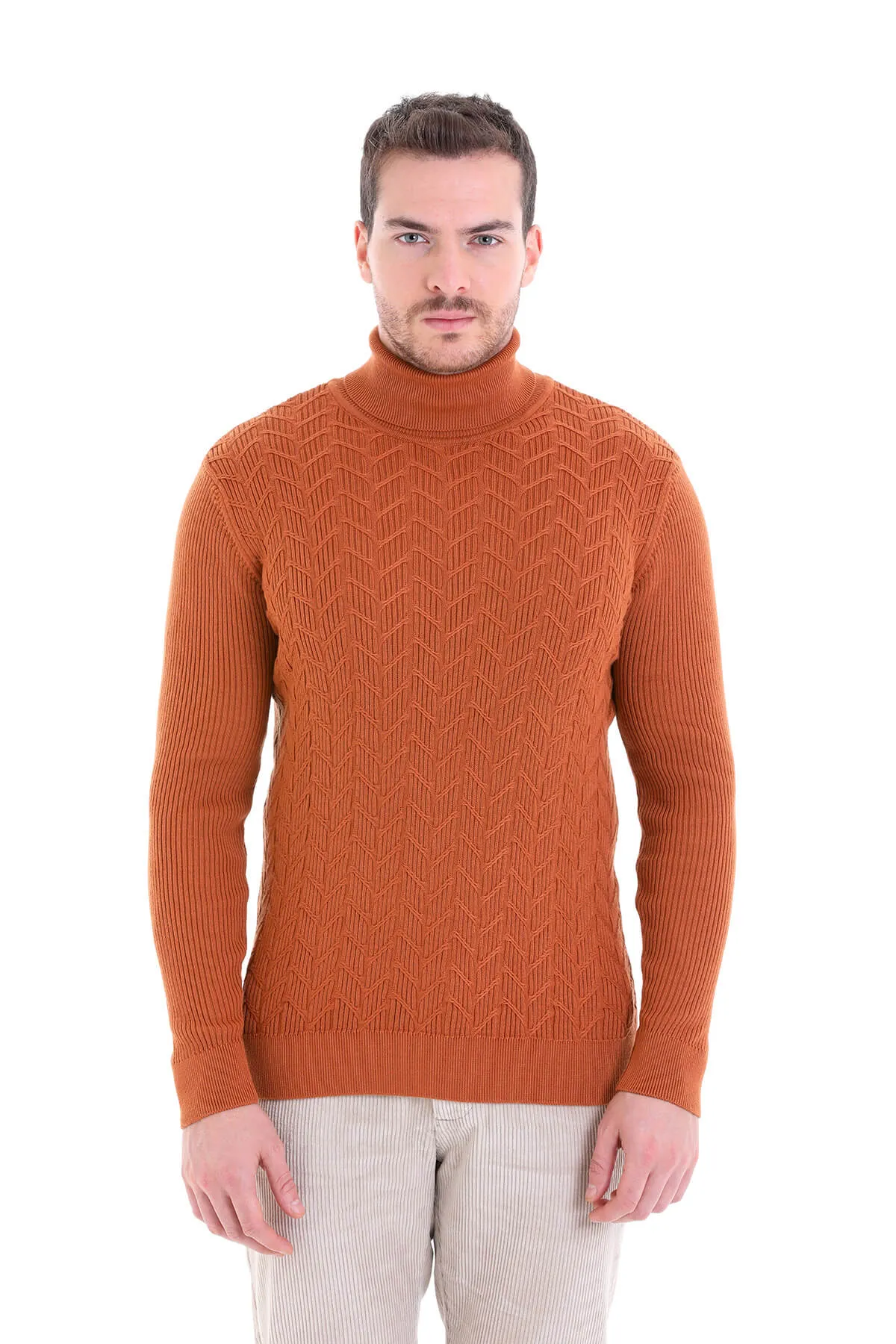 Regular Fit Brick Patterned Cotton Turtleneck Sweater