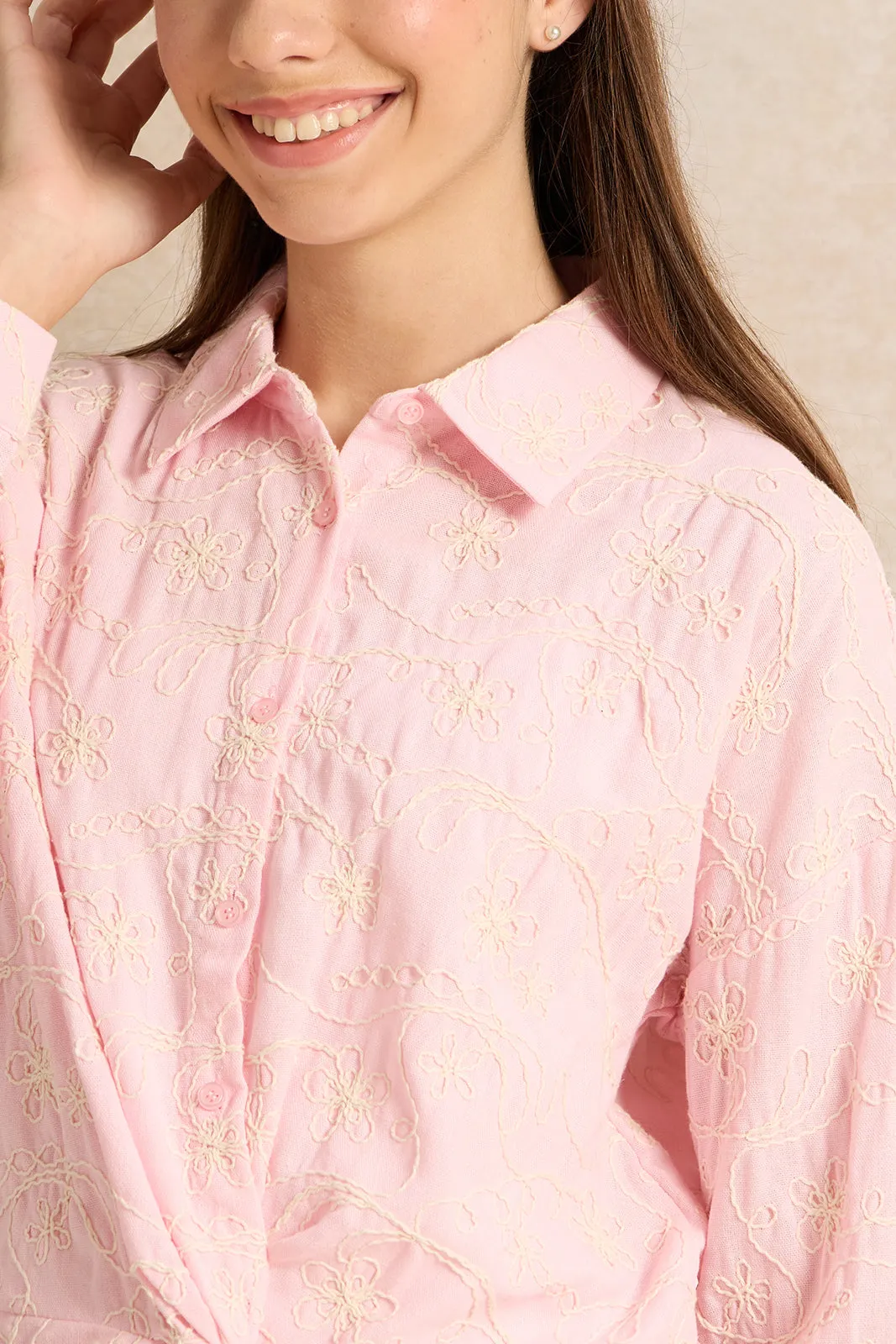 Senior Girls Pink Embroidered Front Tie Shirt