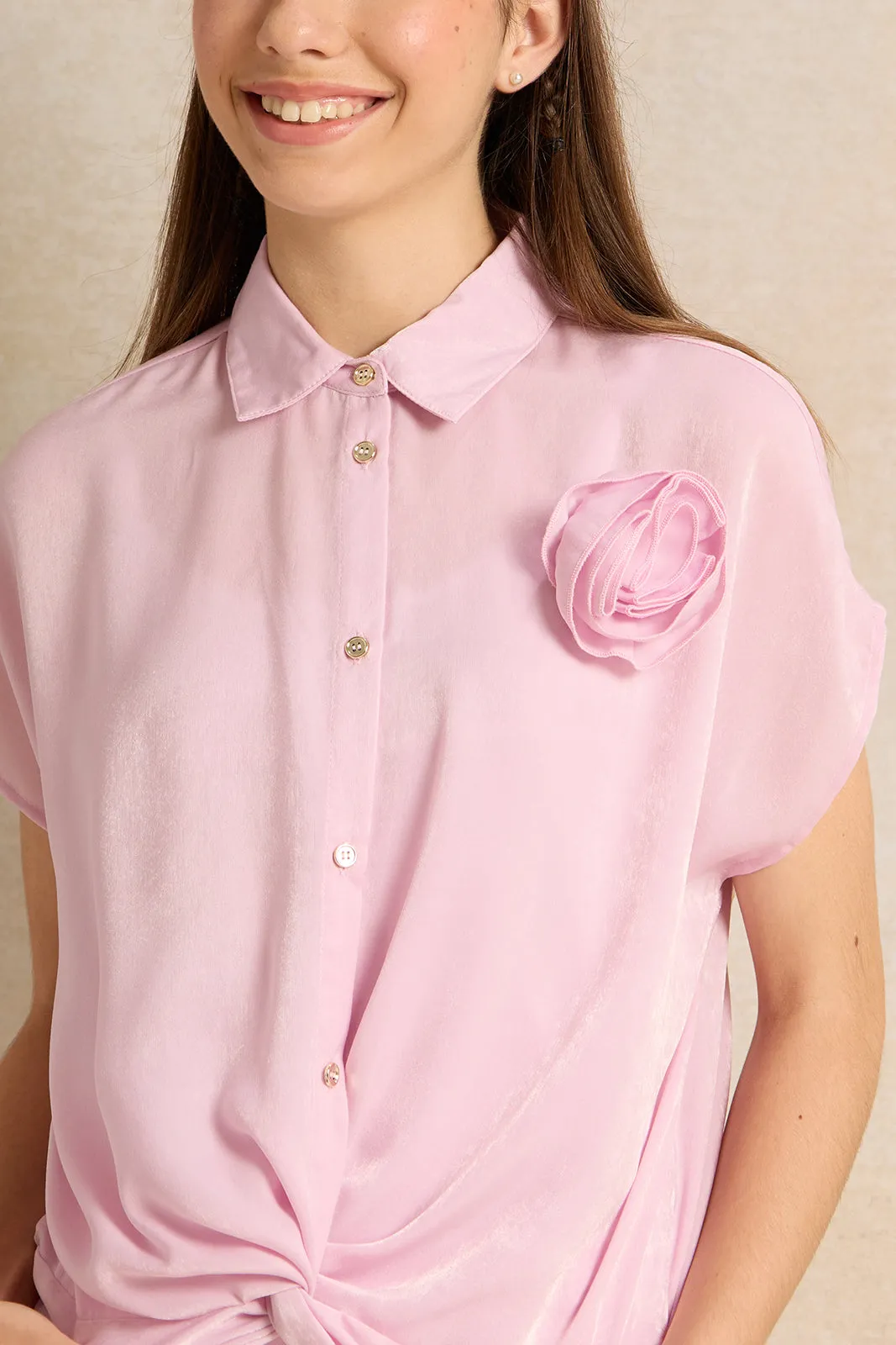 Senior Girls Pink Front Tie Sateen Top With Floral