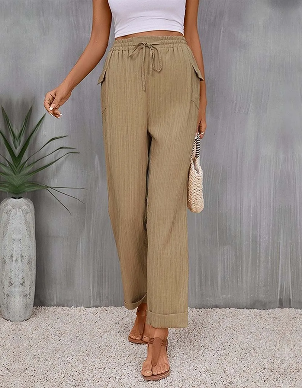 Solid-color Belted Pocket Loose Long Pants