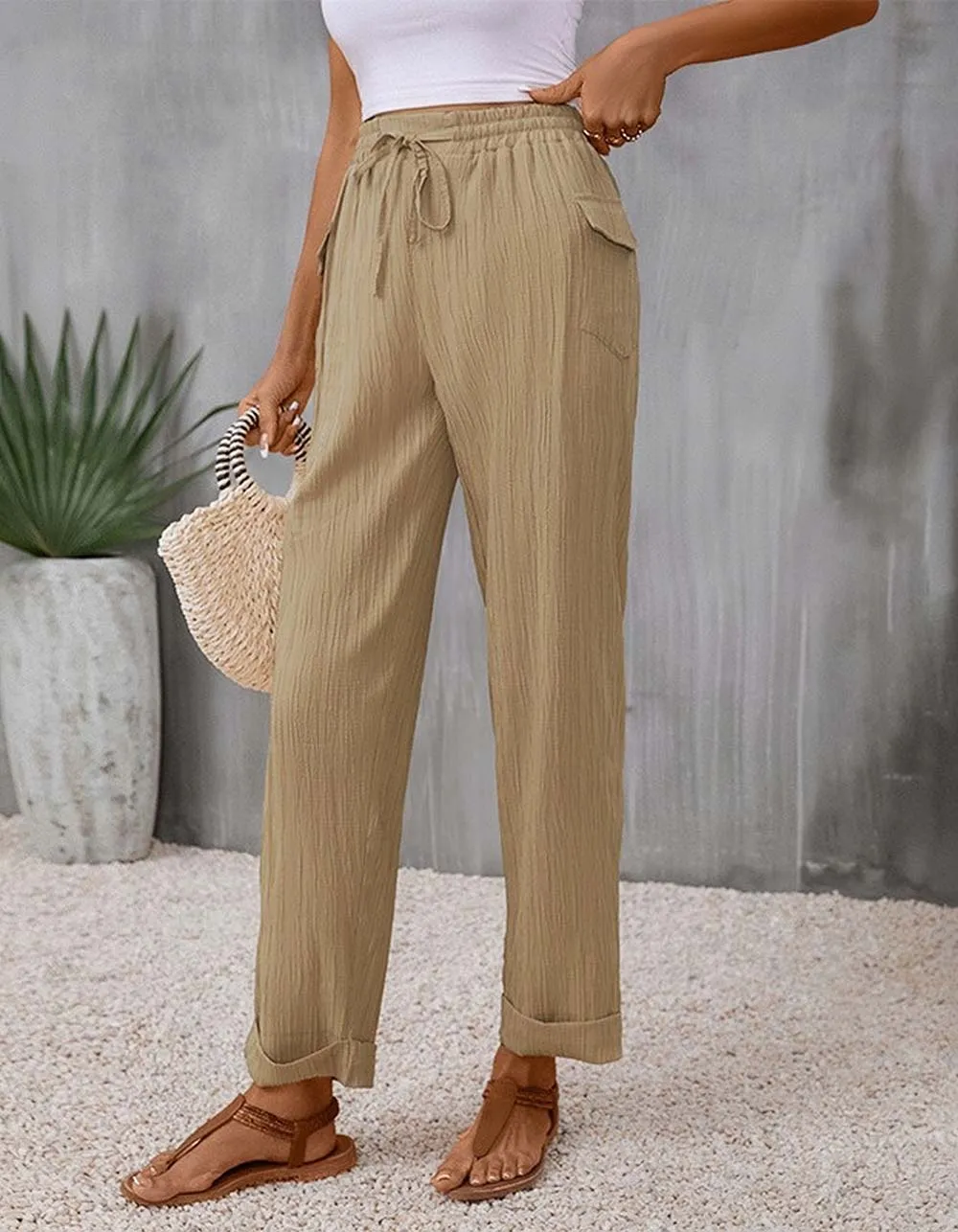 Solid-color Belted Pocket Loose Long Pants