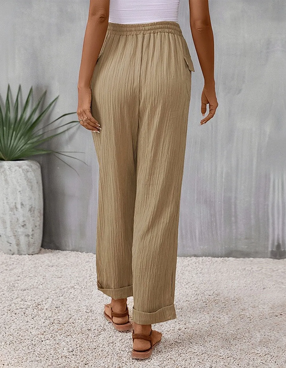 Solid-color Belted Pocket Loose Long Pants