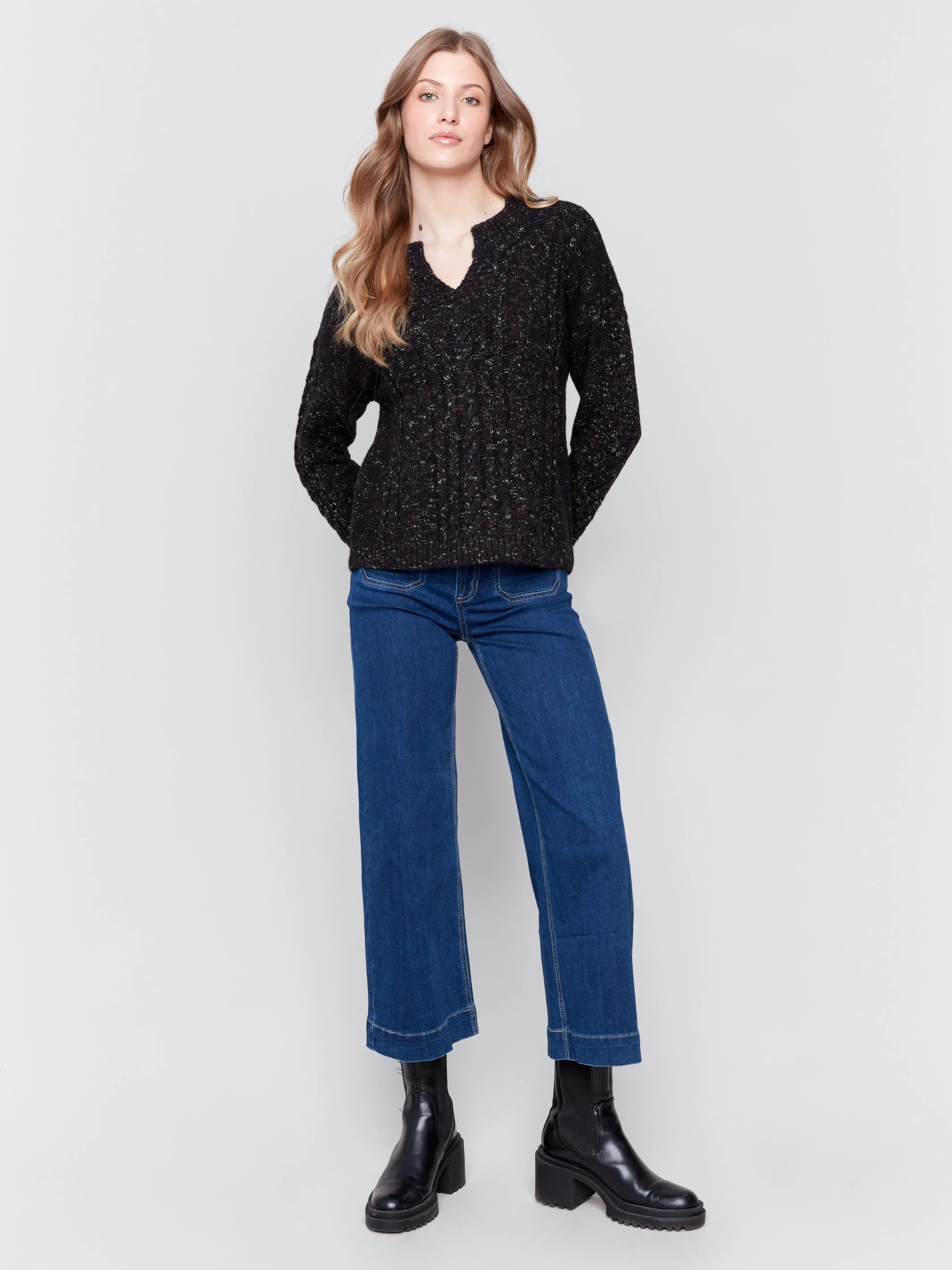 Speckled Yarn Cable Knit Sweater - Black