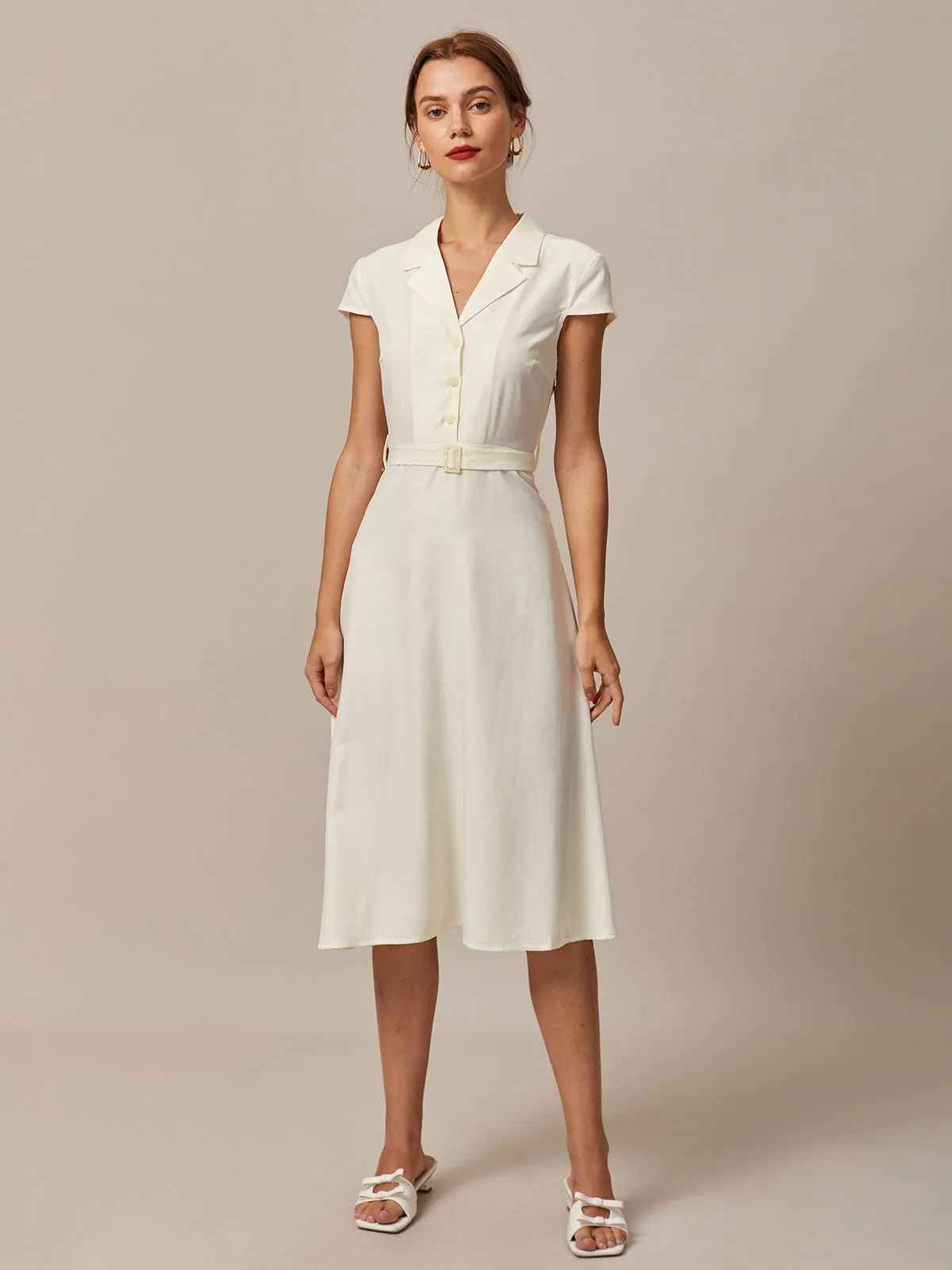 The Beige Lapel Cap Sleeve Shirt Midi Dress