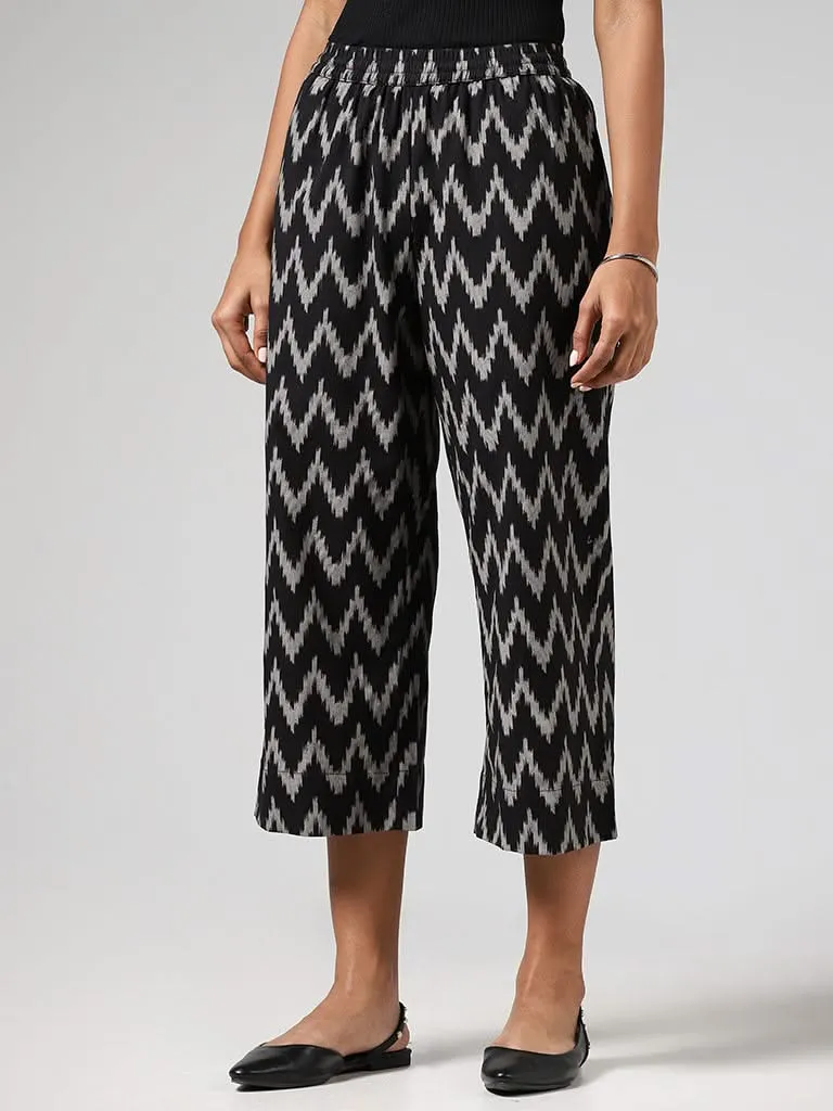 Utsa Black Chevron Ikat Printed Pants