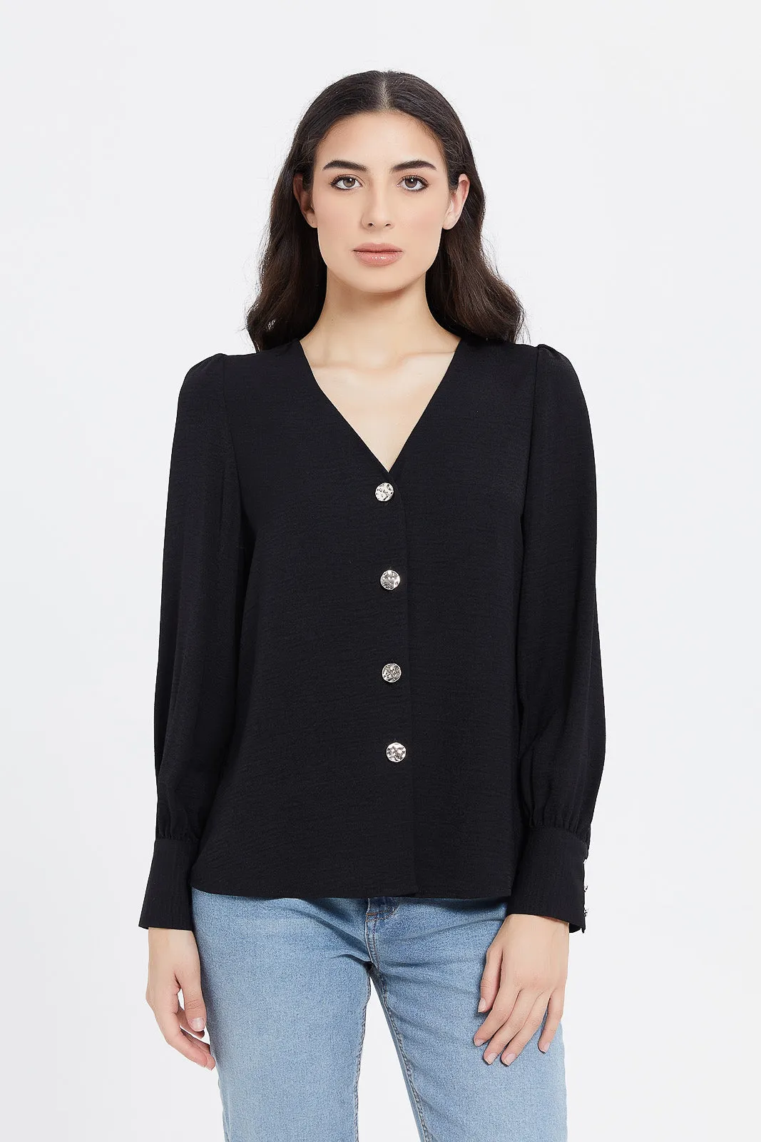 Women Black Puff Sleeve Blouse With Gold Buttons