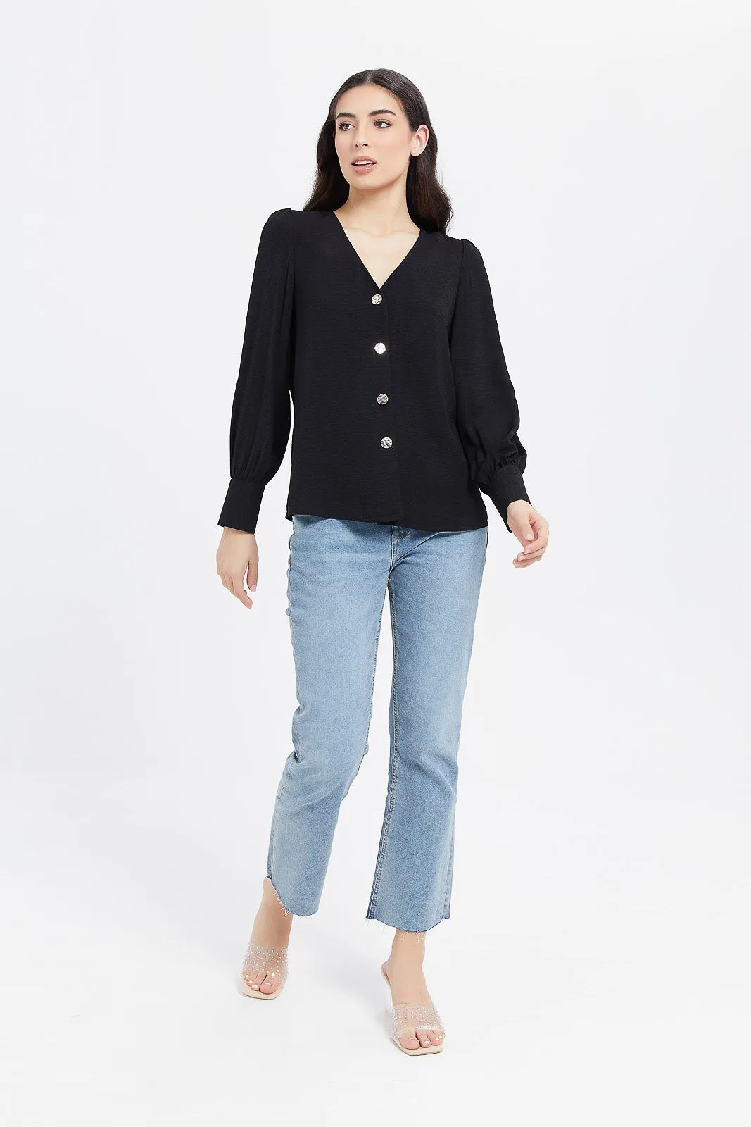 Women Black Puff Sleeve Blouse With Gold Buttons