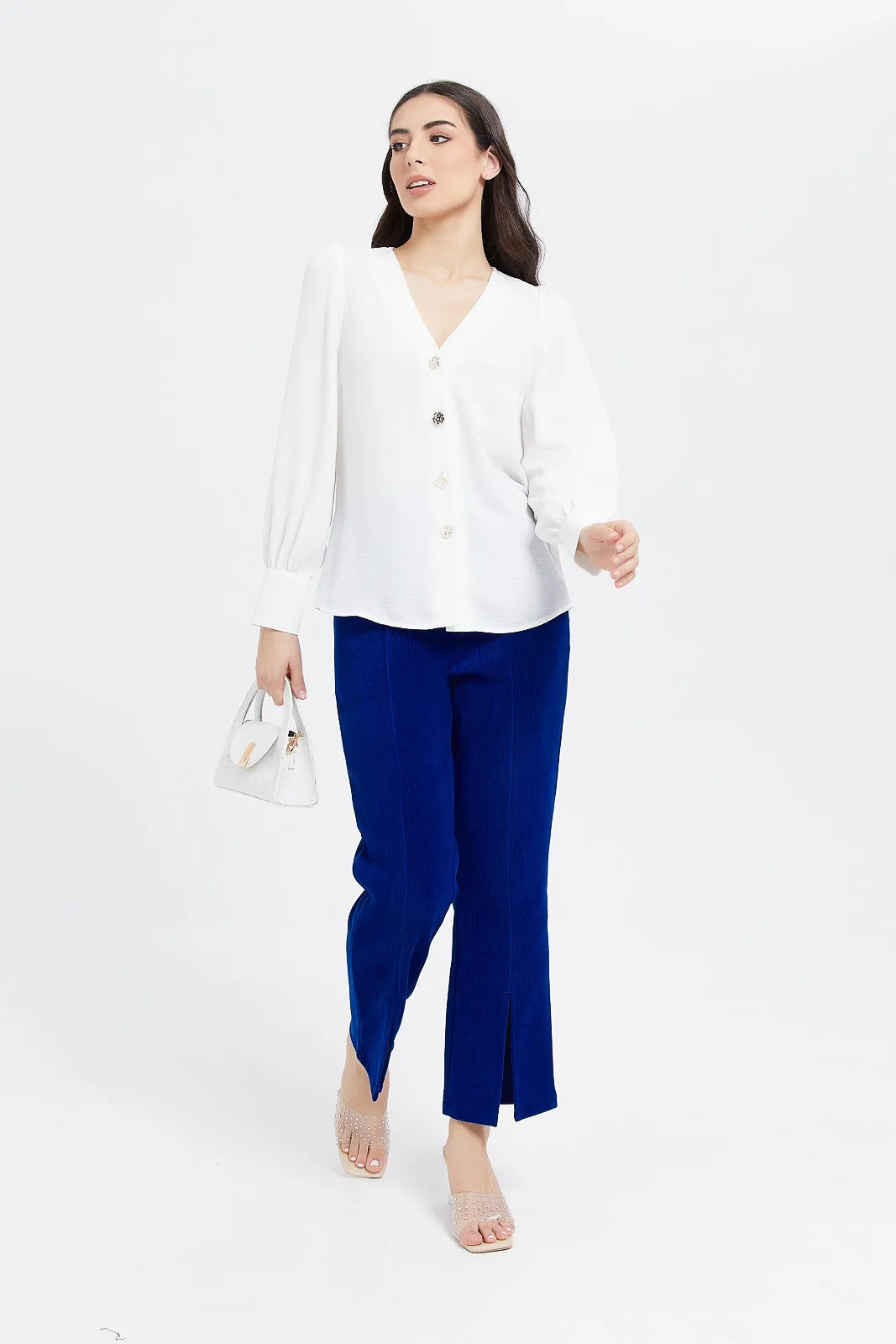 Women White Blouse With Gold Button Detailed