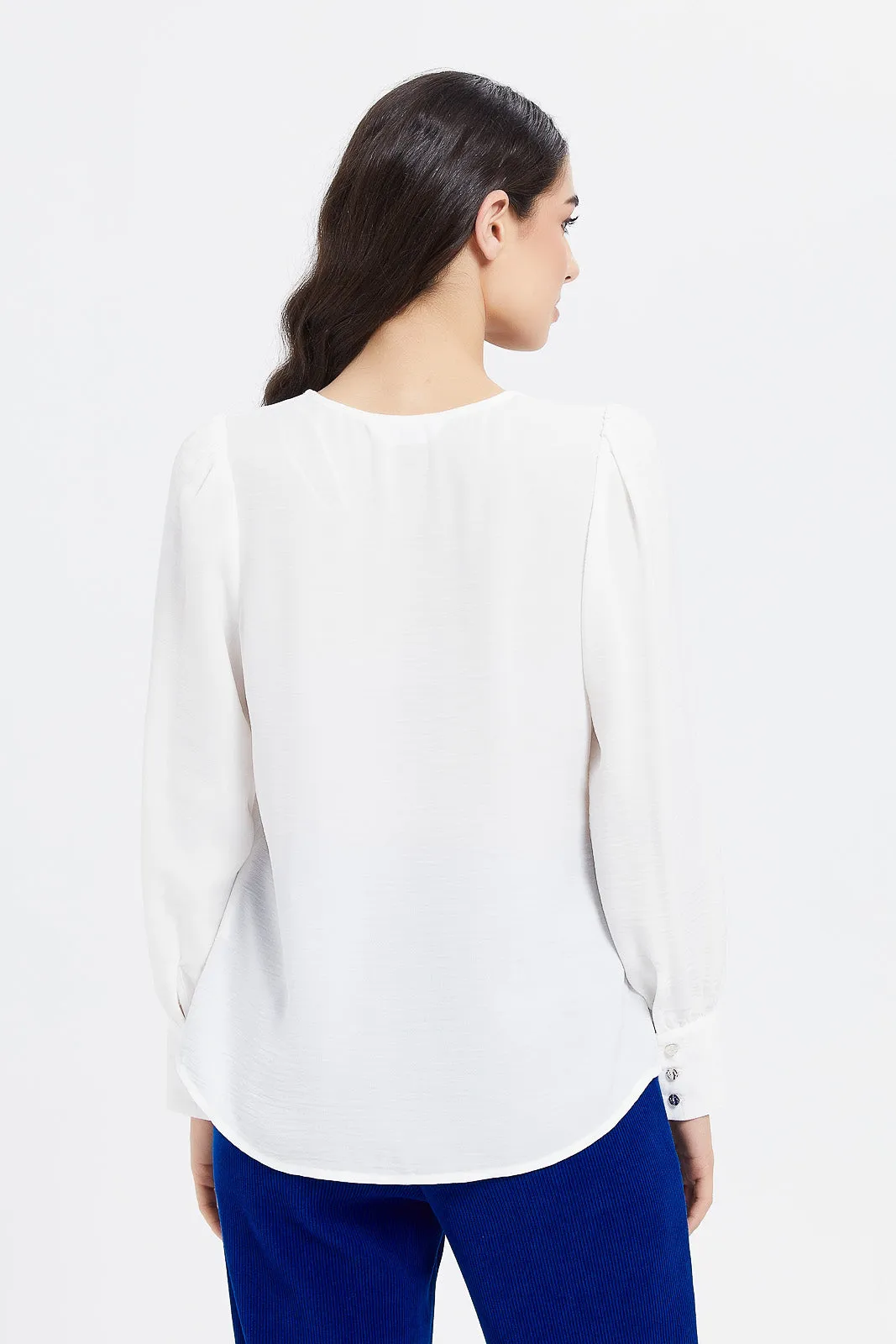 Women White Blouse With Gold Button Detailed