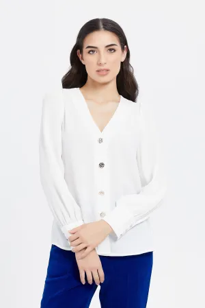 Women White Blouse With Gold Button Detailed