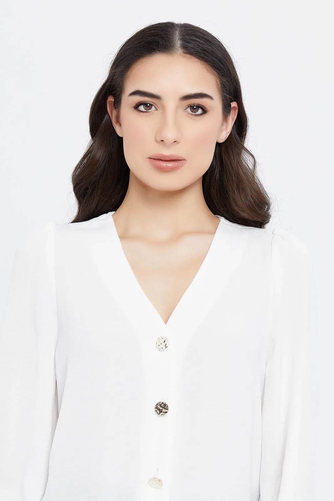 Women White Blouse With Gold Button Detailed